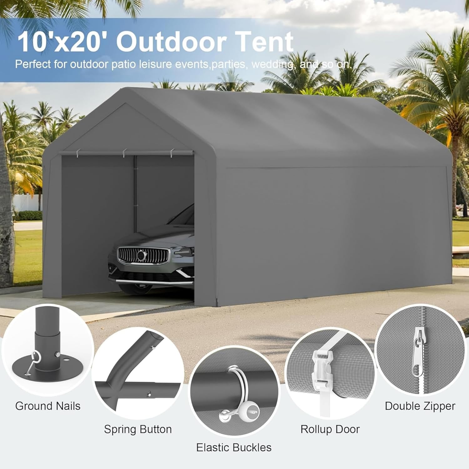 Carport 10x20 Heavy Duty Portable Garage w/Removable Sidewalls & Roll-Up Door Car Canopy Party Tents Waterproof UV Resistant All Weather Car Port for Trucks,Boats（Gray）