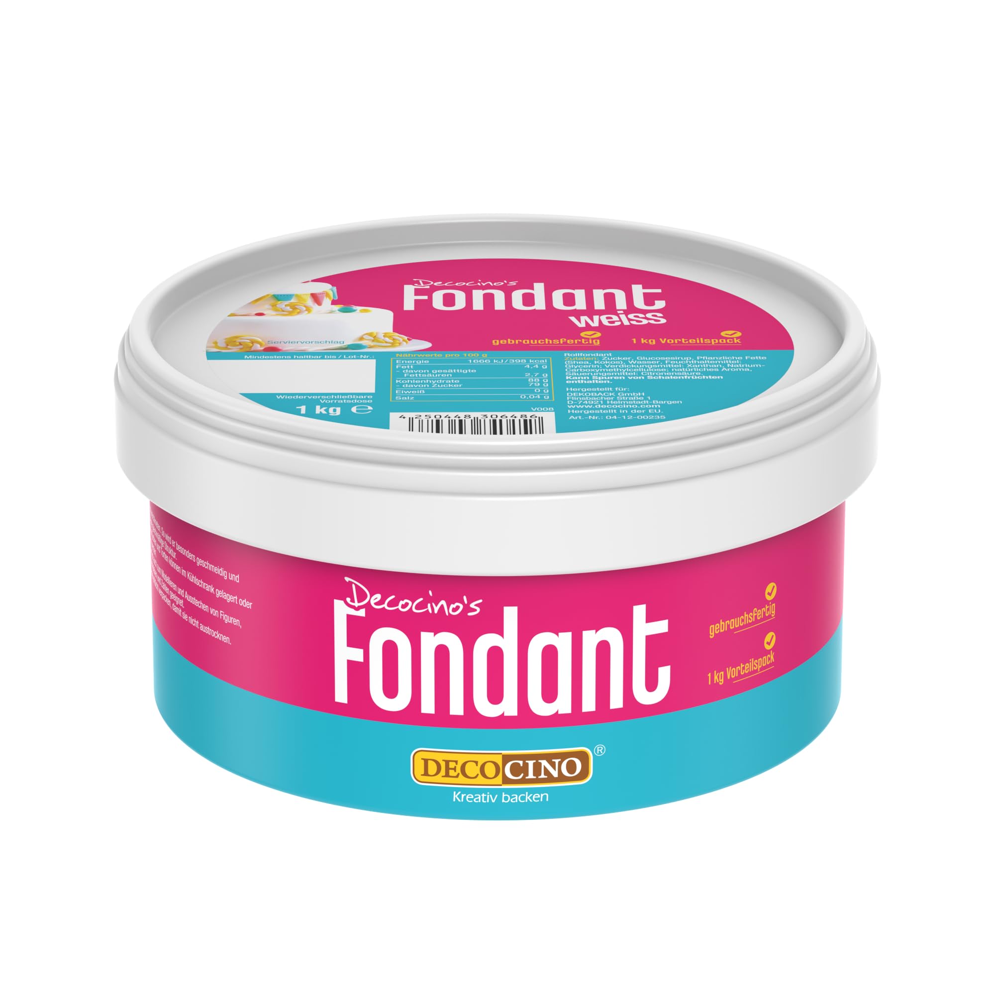 DECOCINO Fondant weiß – 1 Kilo Vorteilspack – ideal zum Verzieren von Kuchen, Torten, Cakepops – palmölfrei & vegan