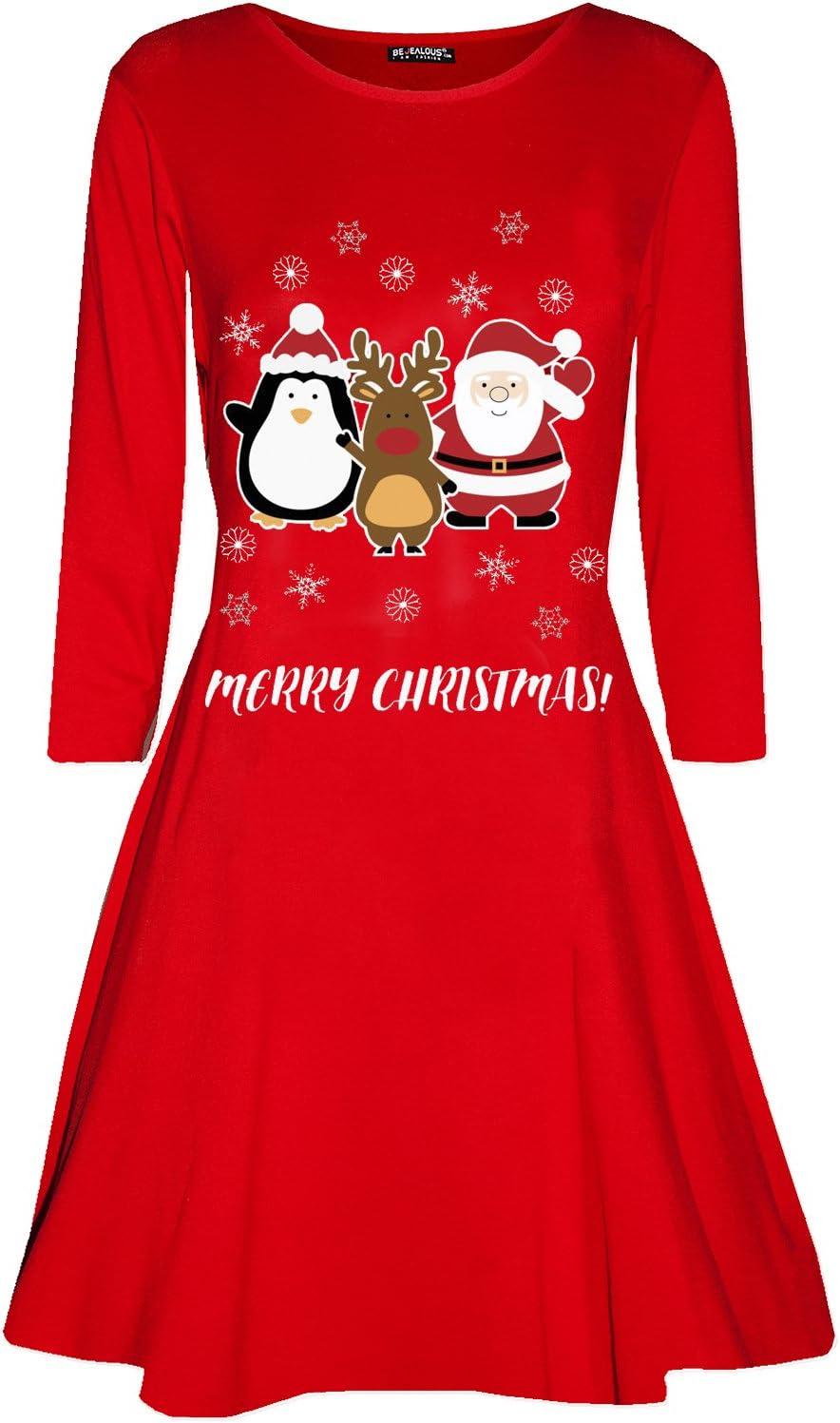 Fashion Star Womens Christmas Printed Pullover Long Sleeve Flared Swing Xmas Mini Dress