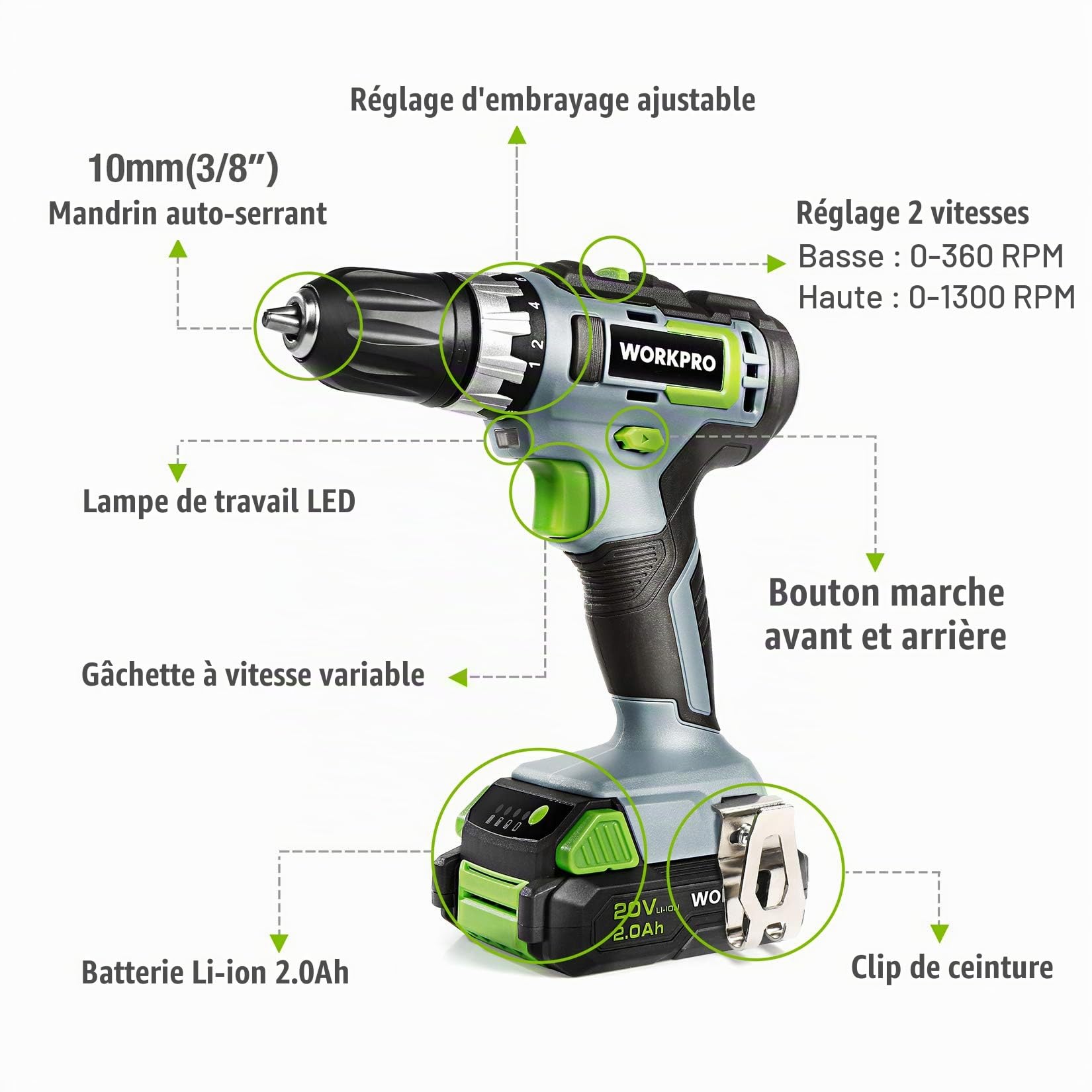 WORKPRO Perceuse Visseuse sans Fil 18V avec Mandrin 3/8’’, 2 Vitesses | Réglage de Couple 18 + 1, Charge Rapide 1H, Visseuse Devisseuse avec Batterie au Lithium-ion 2,0Ah et 16 Accessoirs