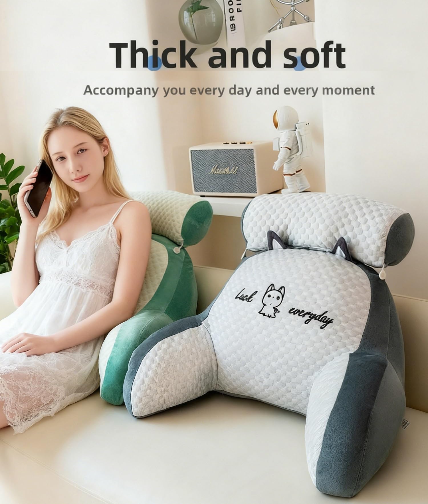 Lesekissen mit Armlehnen 80x60cm Bohnensamt grau, Groß Kristall-Plüsch Rückenkissen für Bett & Sofa, Ergonomisches Rückenstützkissen mit Nackenstütze zum Lesen & Gaming