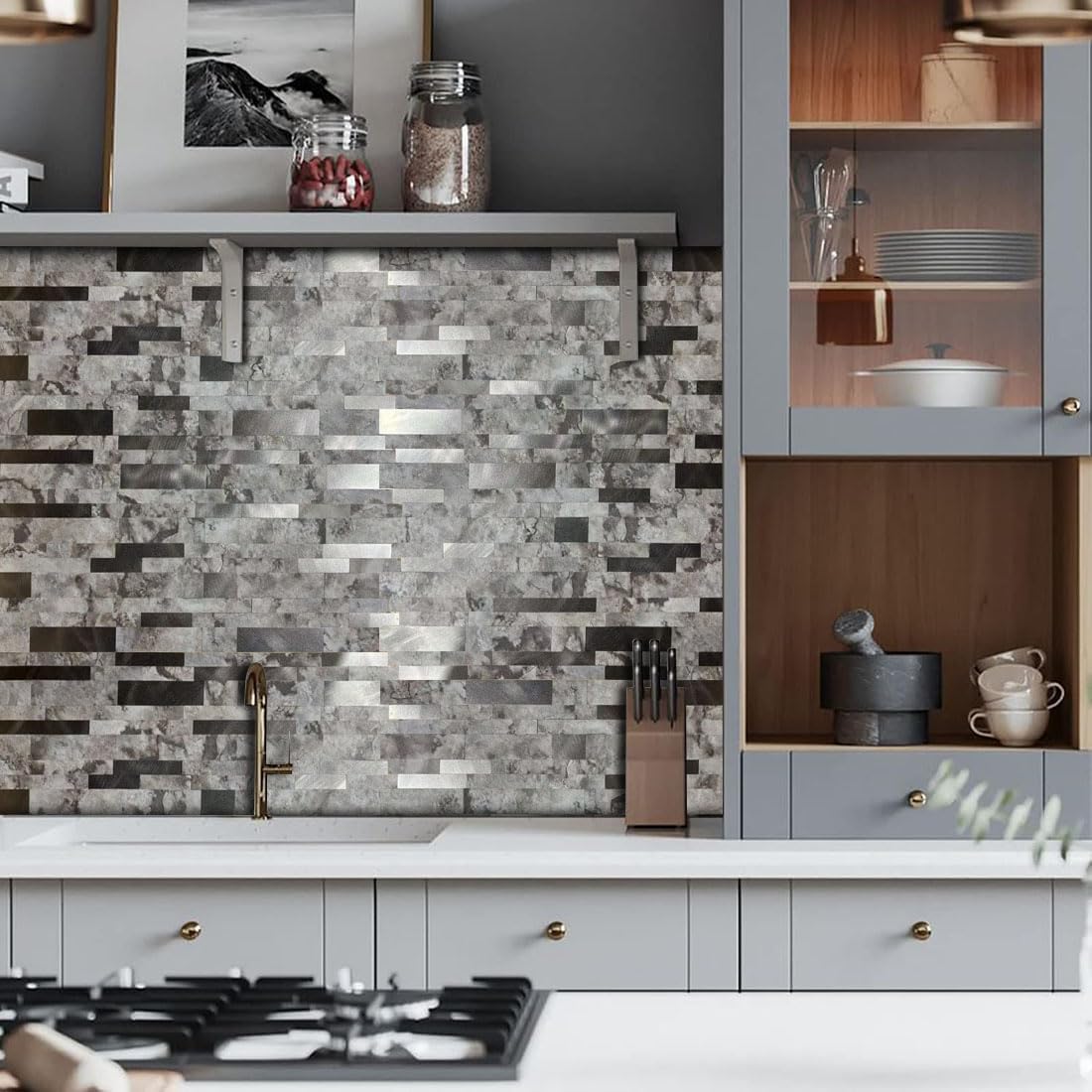 10-Sheet Peel and Stick Backsplash Tile, PVC Mixed Meta,l Stick on Kitchen, Bathroom Vanities, Fireplace Décor, Laundry Table(11.2" X 12.7") (10, Darken Coffee+Frosted Grey)