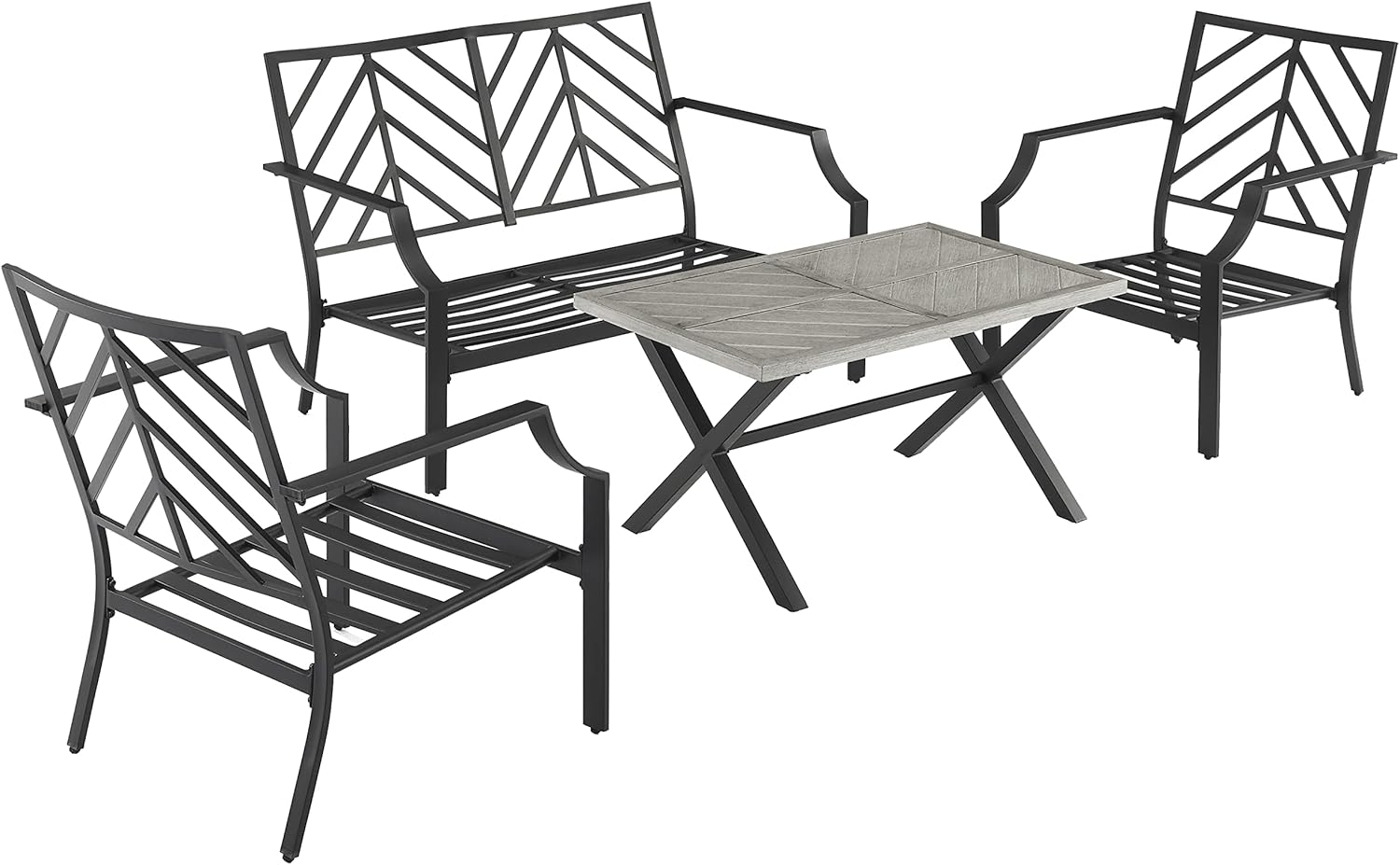Crosley Furniture Otto 4-Piece Chevron Outdoor Loveseat Patio Furniture Set, Conversation Sets for Porch, Matte Black with Gray Cushions