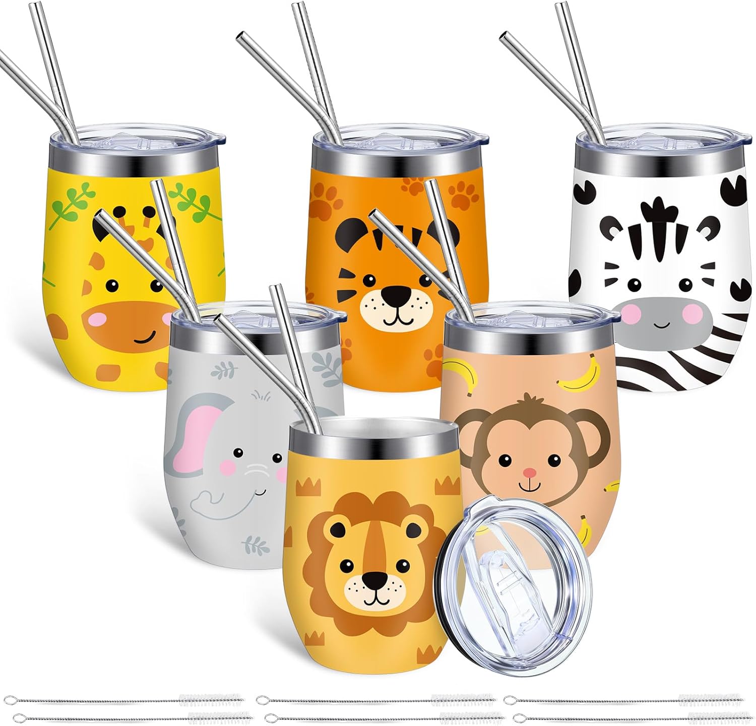 Skylety 6 Pack Safari Jungle Animal Cups 12 oz Stainless Steel Wine Tumbler Bulk with Lids Straws and Brush Insulated Travel Tumbler Cup Coffee Mug Gift for Baby Shower Birthday Jungle Party Supplies