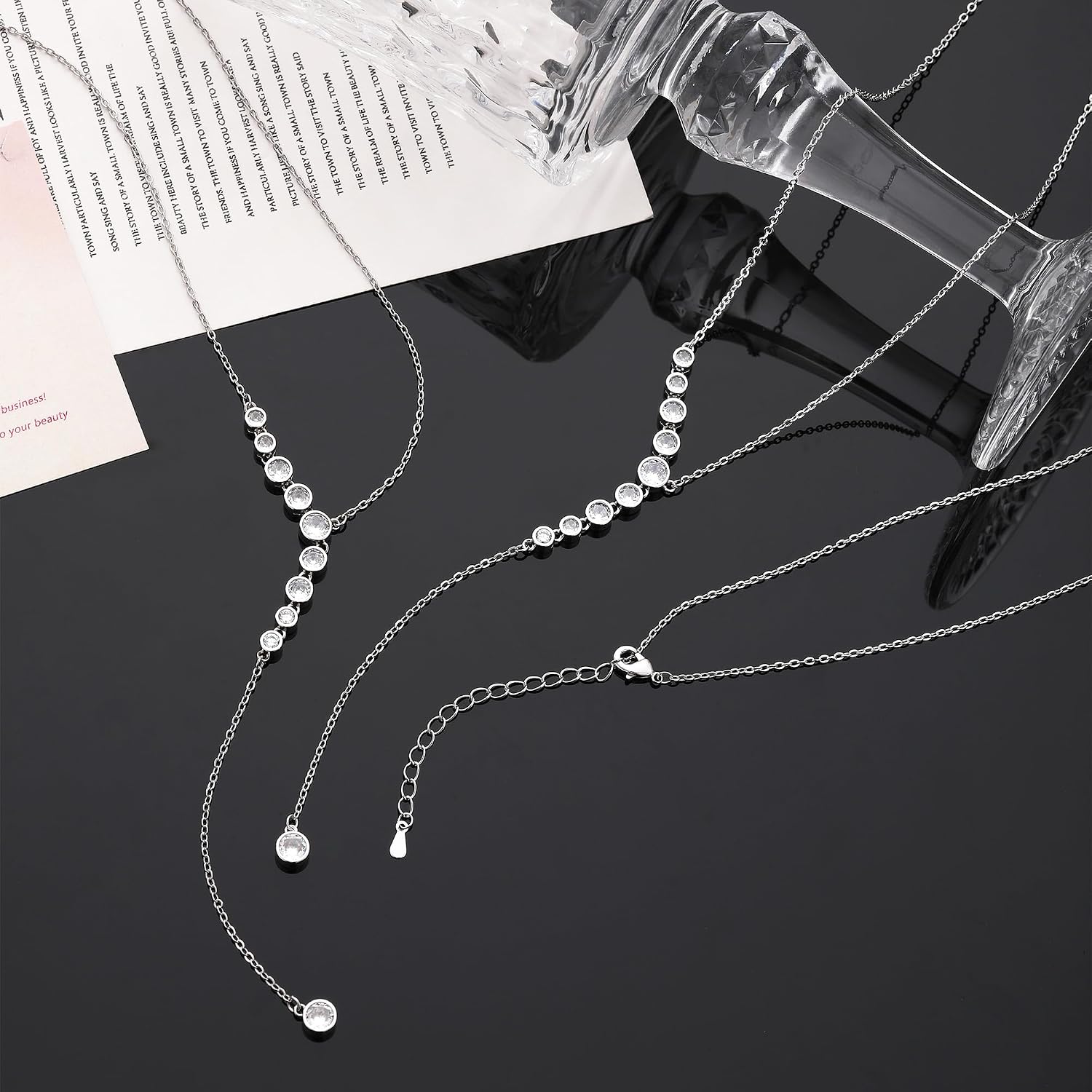 Lariat Necklace for Women, Dainty Long Necklace 18K White Gold Y-Shaped Drop Necklace, Layered CZ Non Tarnish Pendant Elegant Gifts for Women