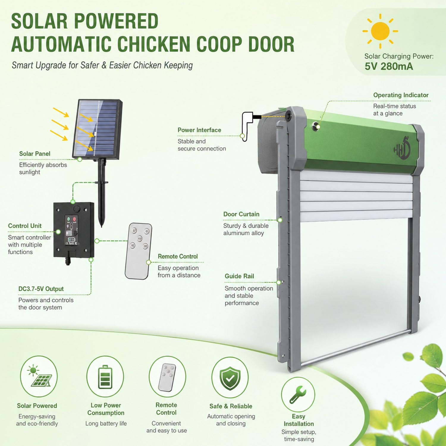 Puerta avícola solar sin corriente con mando para gallineros de jardín | Puerta avícola automática solar batería litio integrada autocargable con suministro sin conexión eléctrica
