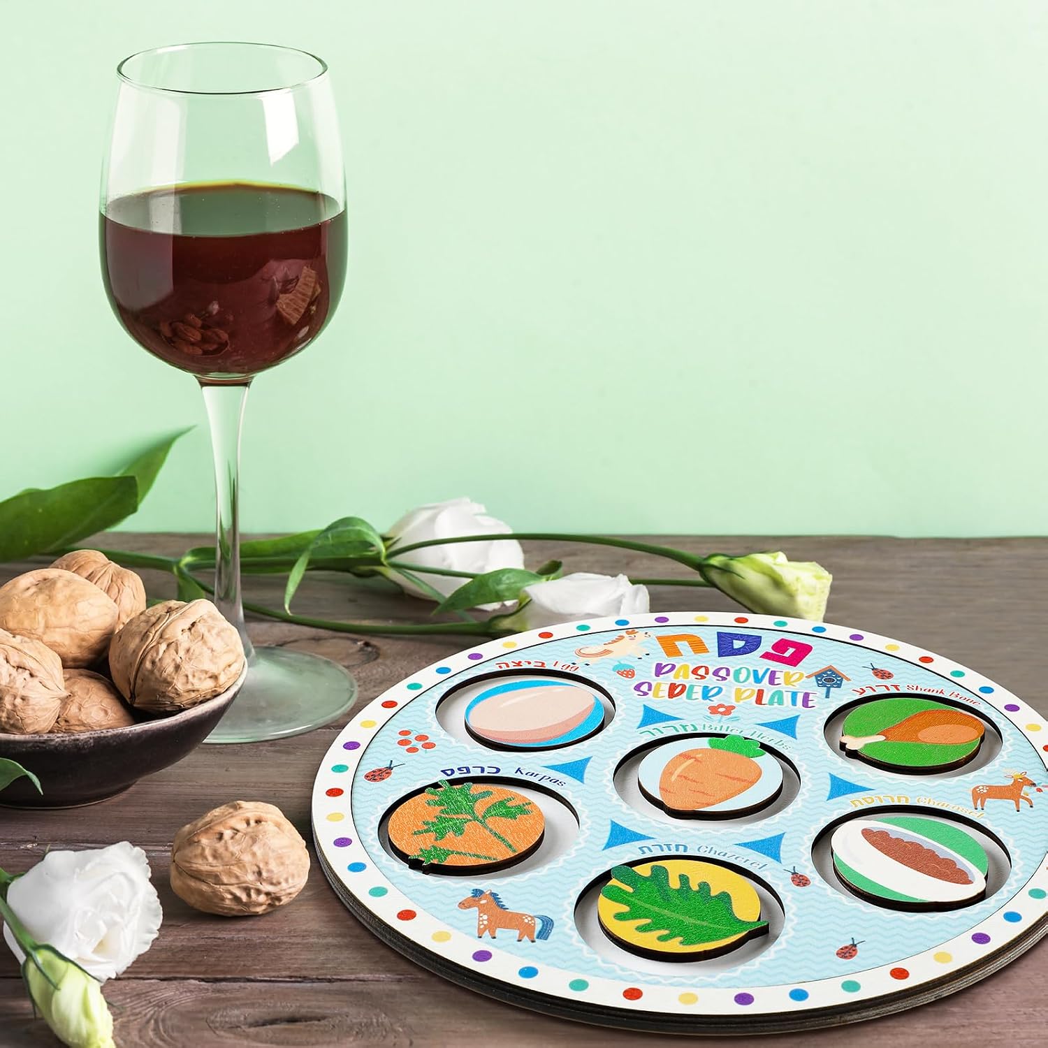 Hollowfly 7 Pcs Passover Play Seder Toy Set Boys Girls Passover Seder Plate Toy Make Your Own Seder Dish Educational Round Seder Tray with Traditional Seder Foods Jewish Party Gifts Decorations