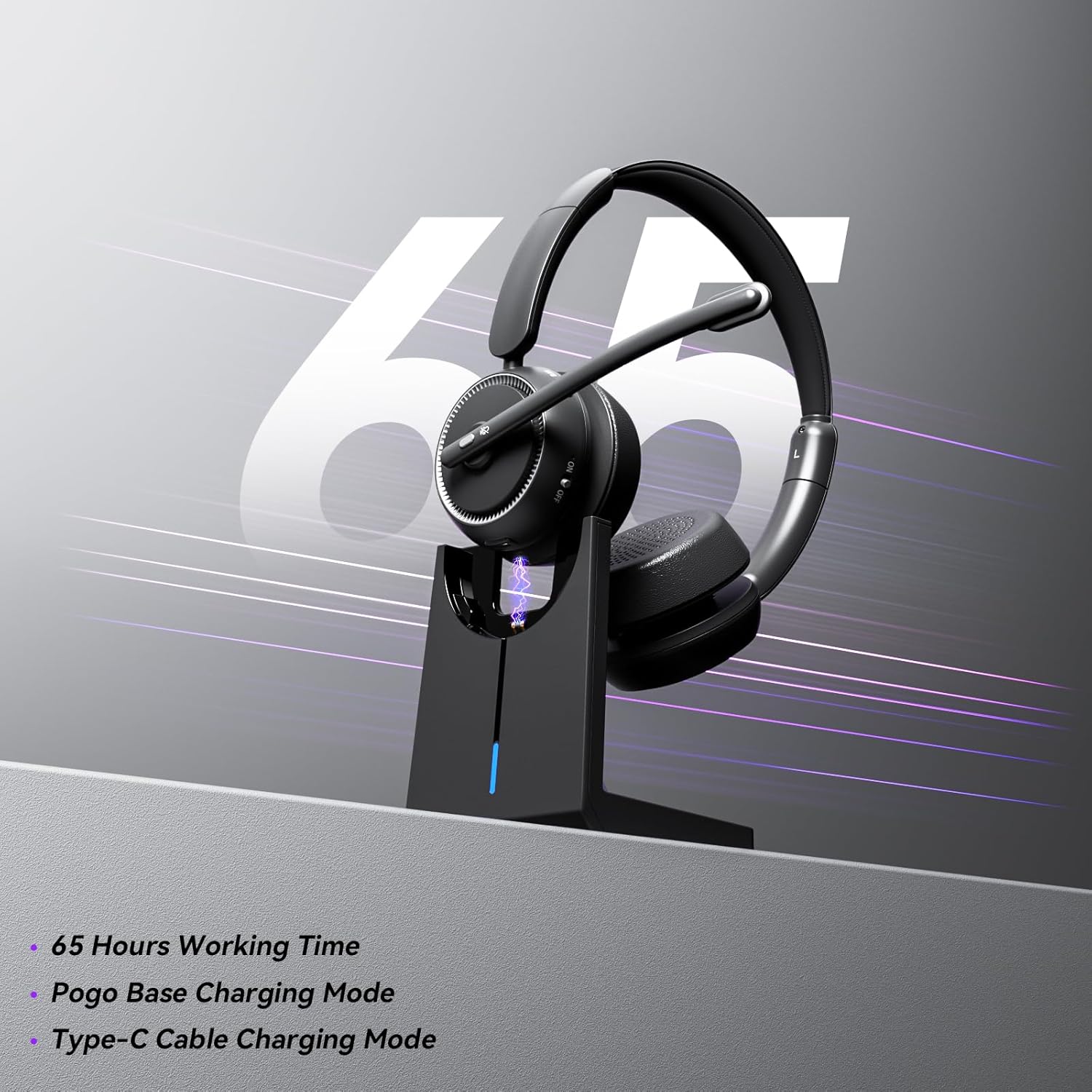 SKYCOMET HS011 Headset on charging base, indicating 65 hours working time