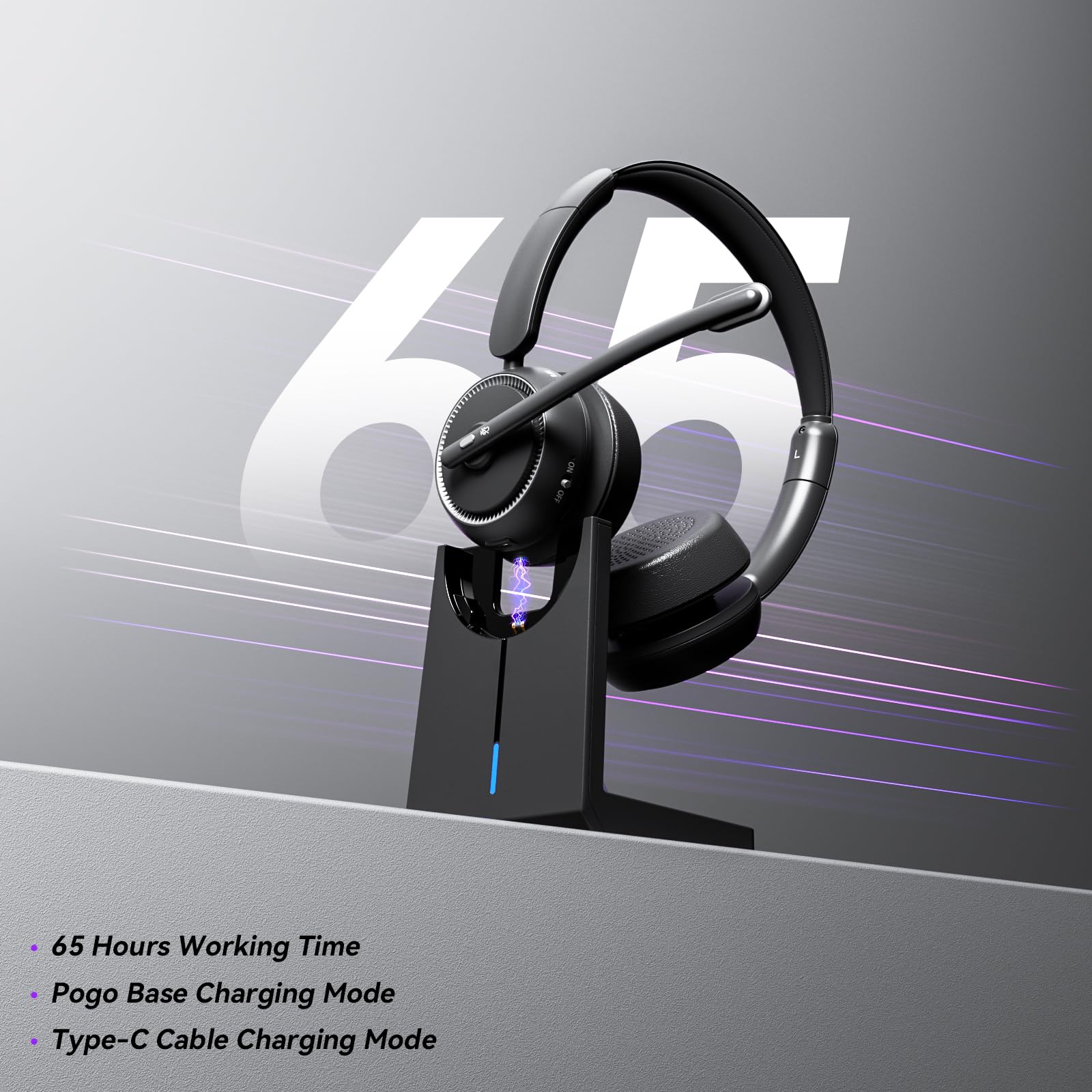 Cuffie wireless con microfono per lavoro, cuffie Bluetooth con cancellazione del rumore e base di ricarica, cuffie wireless con microfono per lavoratori remoti/call center/PC/laptop/computer/casa