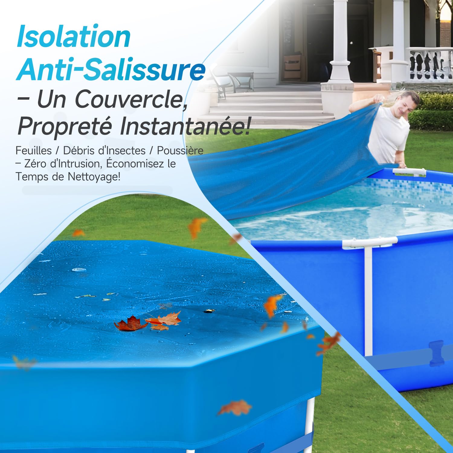 Sekey Bache Piscine Ronde 457cm–Spéciale Piscines à Cadre Métallique Rond |avec Lanières Ajustables et Bande Auto-agrippante |Antivent et Anti-Poussière |Toile Dense Résistante aux Déchirements |Bleu