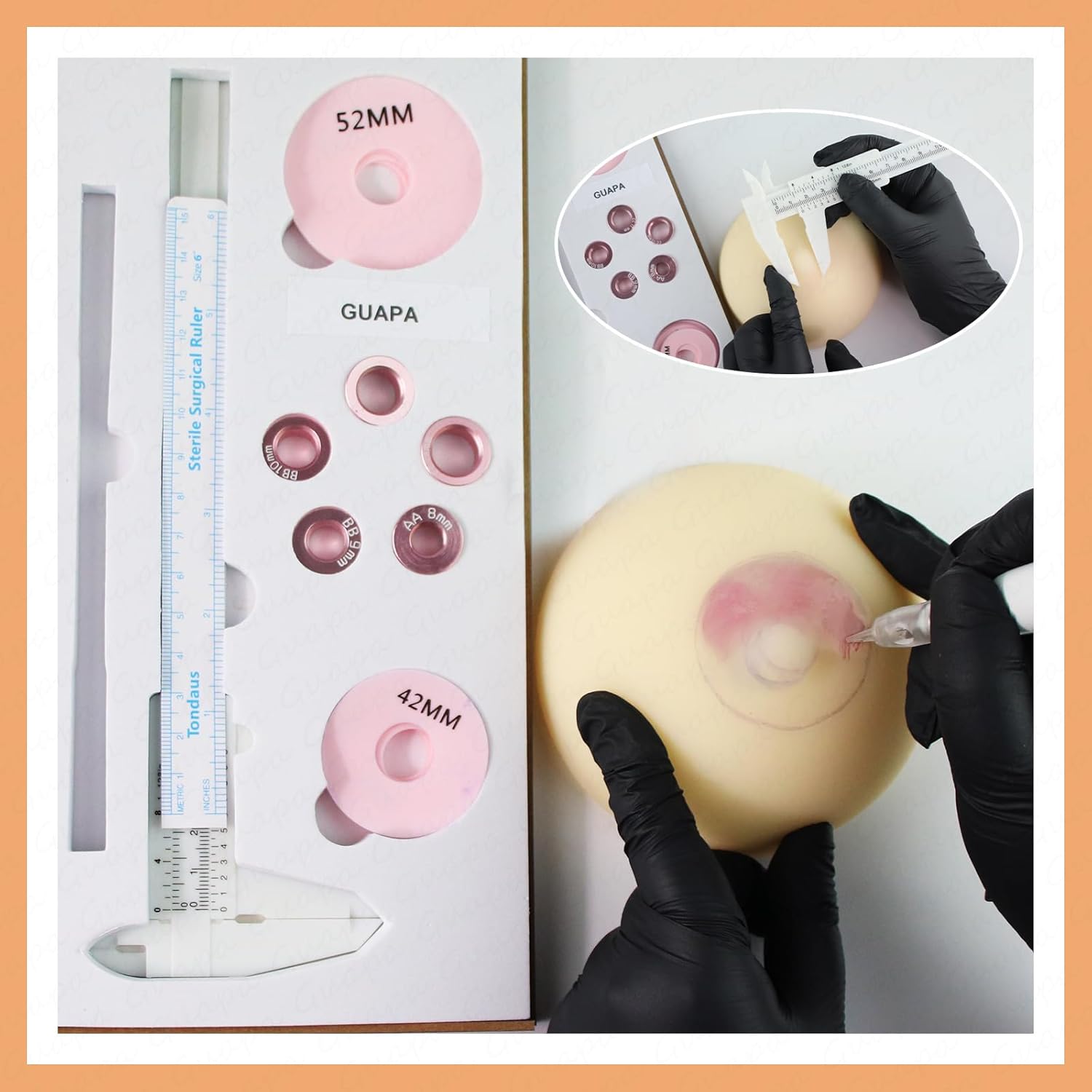 Guapa 3D Areola Tattoo Kit with Measurement - Precise Silicone Areola Sizes Metal Nipple Stencils Caliper, Marker Pen, and 2pcs 3D Areola Skin for 3D Nipple Areola Tattoo Training (Kit 1)