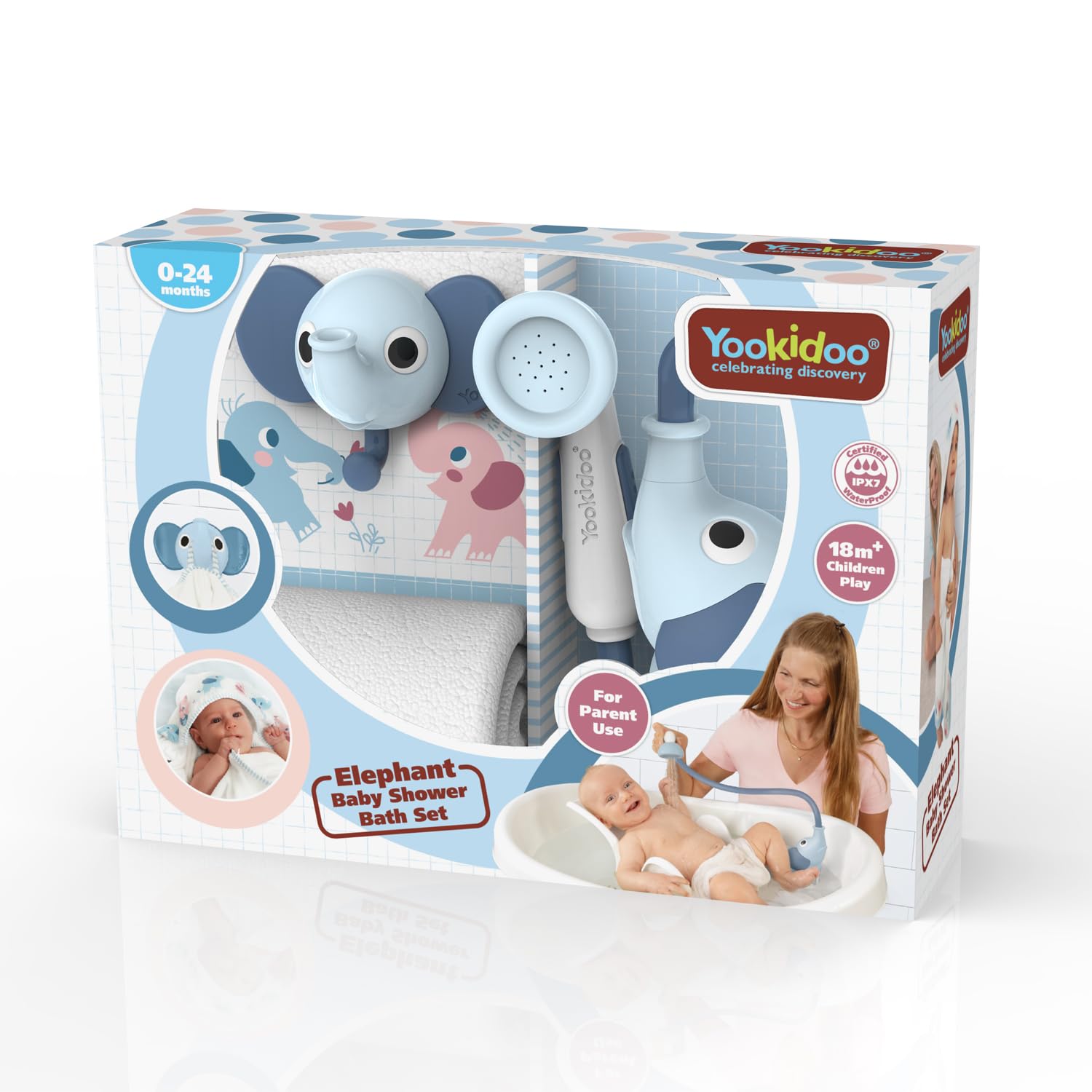 Yookidoo Ensemble Cadeau de pommeau de Douche éléphant pour bébé – Comprend Une Serviette à Capuche et Un Cintre – Contrôle de l'eau à partir de 2 Boutons de Coffre d'éléphant pour Un Maximum de