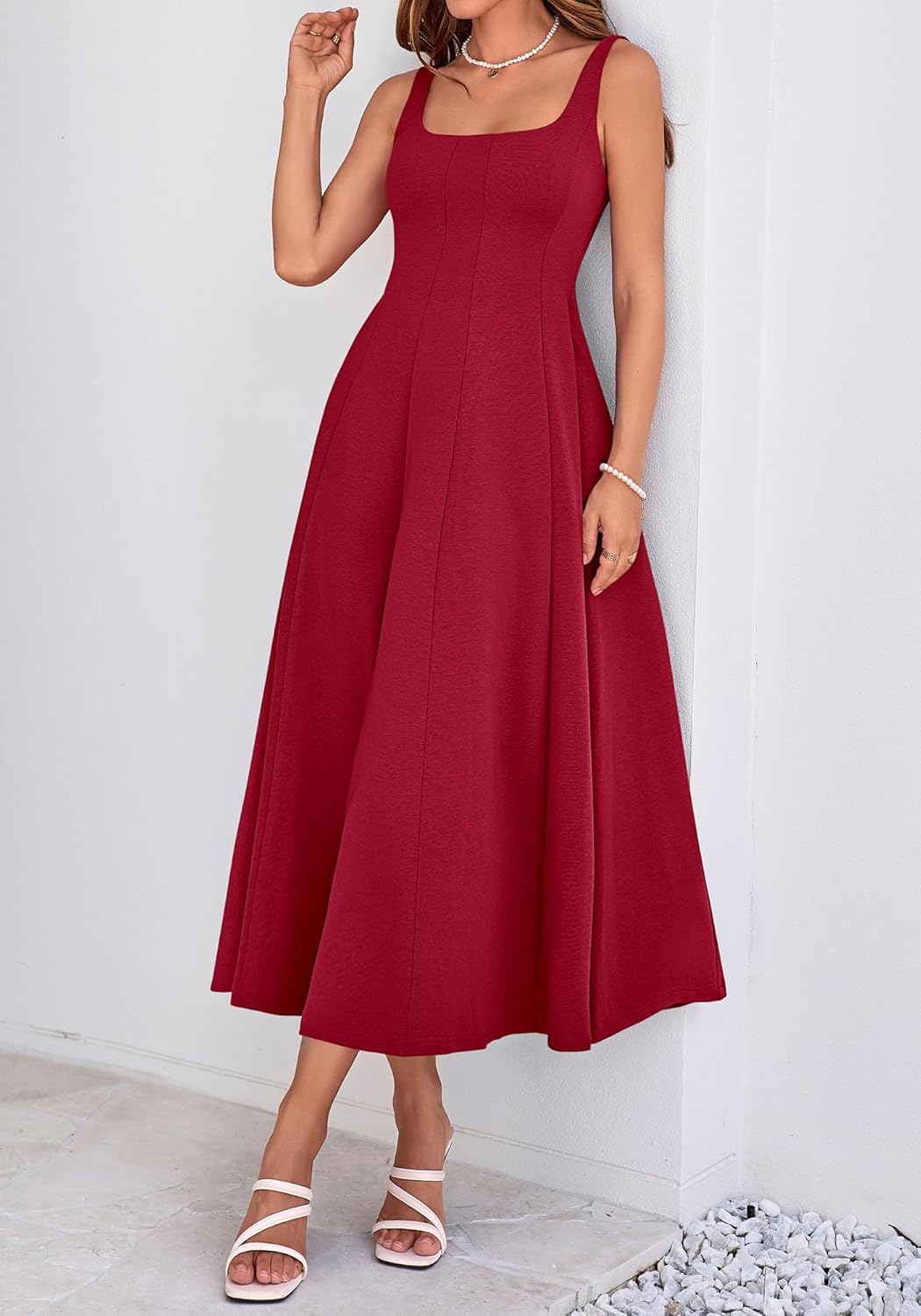 BTFBM Women Elegant Wedding Guest Dress Summer Square Neck Sleeveless Flowy A Line Formal Cocktail Party Maxi Dresses - Image 6