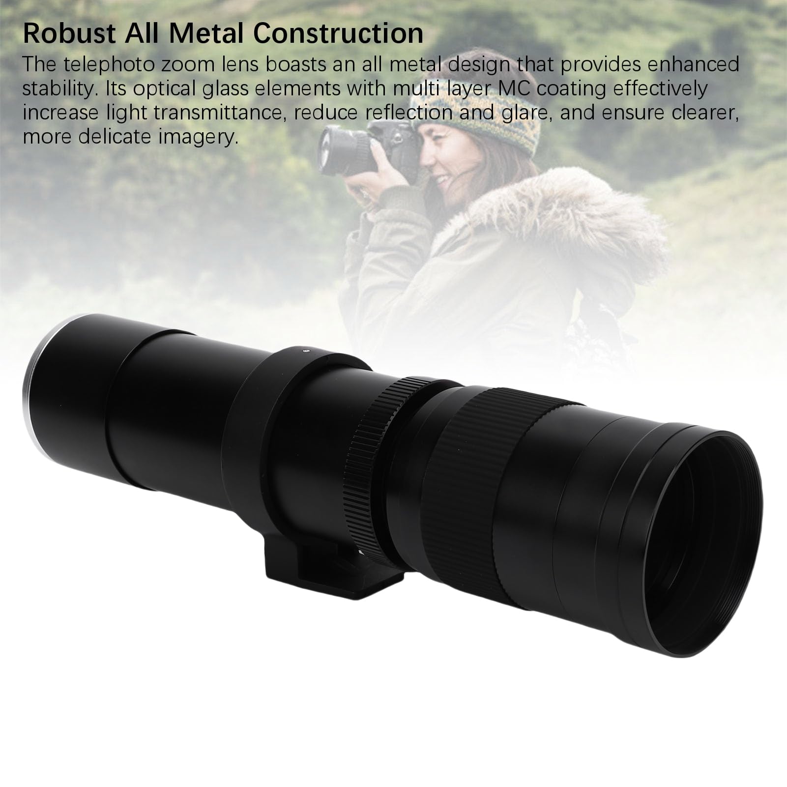 Denash Teobiektyw Teleobiektywu 420 do 800 Mm z otwórcą F8.3 do Montażu Bezlusterkowego Aparatu, Manualny Obiektyw z Zoomem, Aluminium i Optyczny materiał Szklany (BLACK)