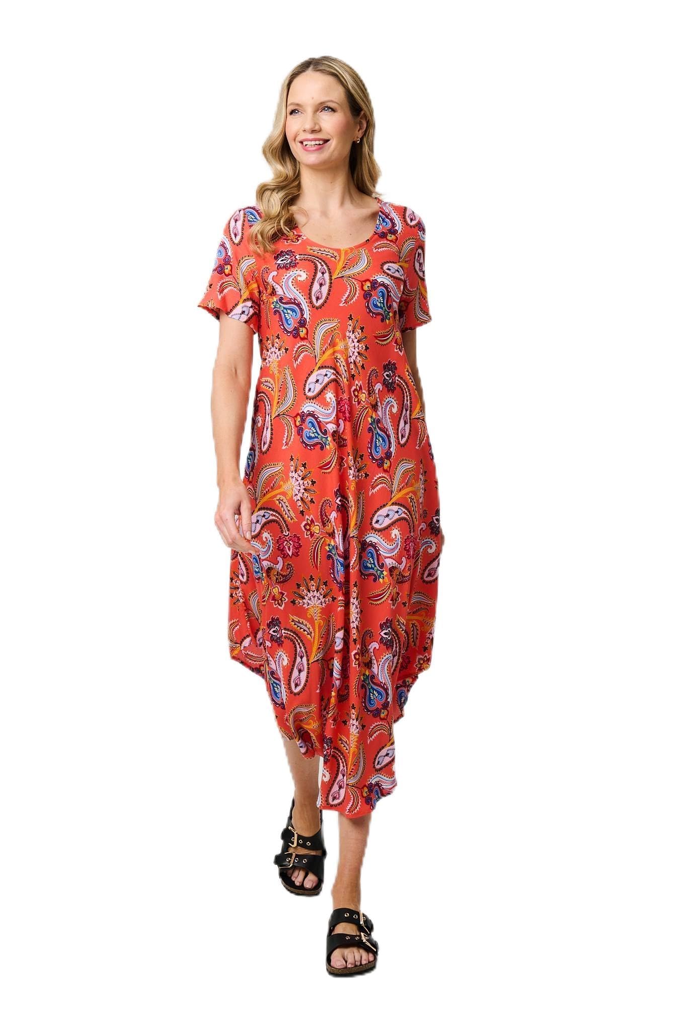 Izabel London Women's Orange Paisley Relaxed Short Sleeve Midi Dress In | : Size 14