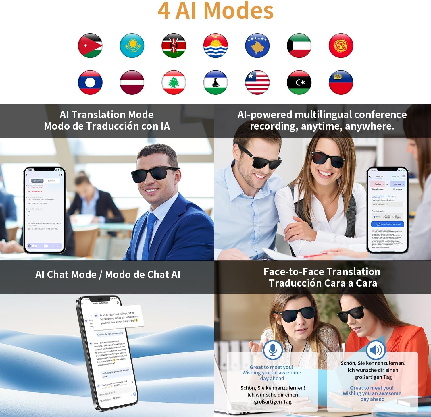 AI Smart Glasses for Men Women, Real-Time Translation Glasses with ChatGPT, Wireless Bluetooth 5.3, UV Protection Polarized Smart Sunglasses with 160+ Languages, Ideal for Travel Study & Business