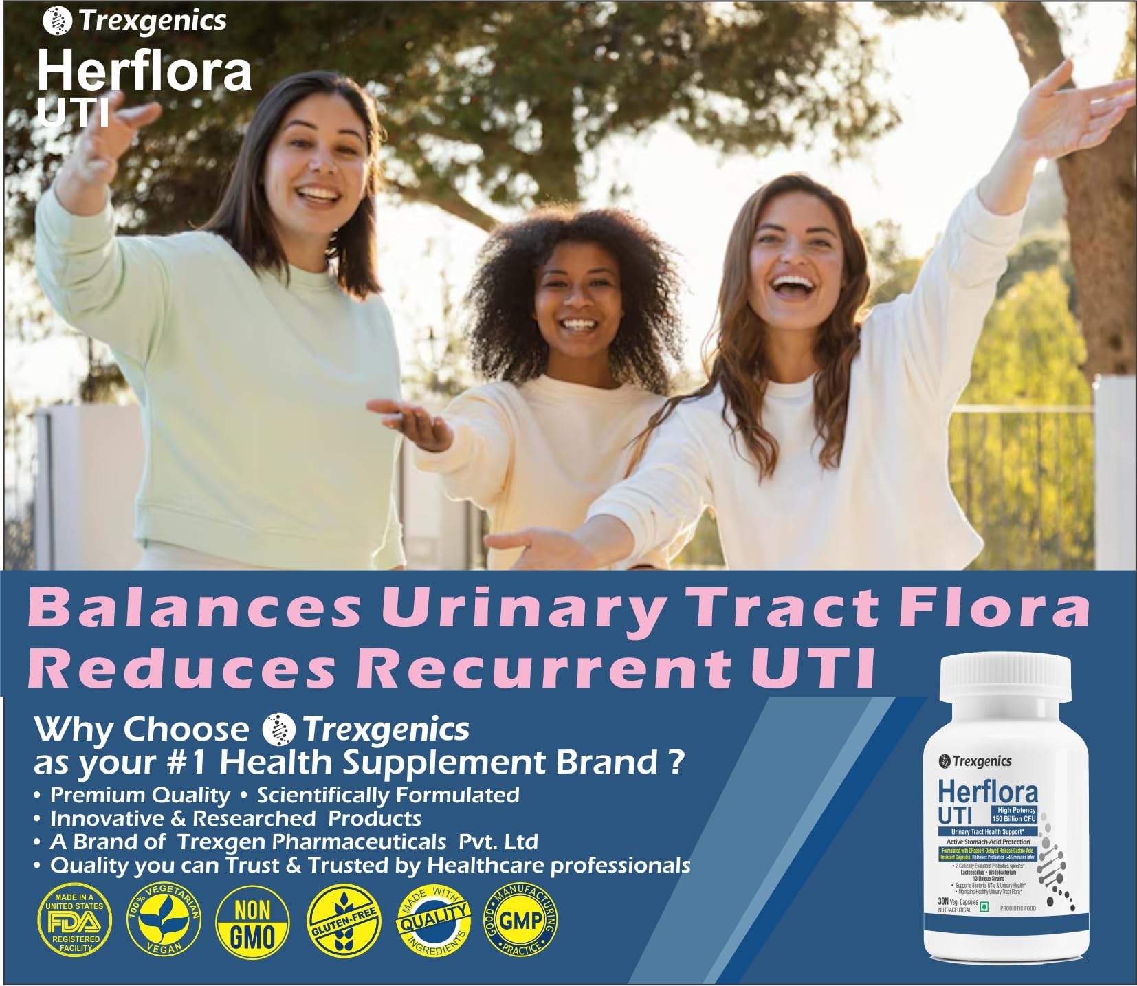 Trexgenics HERFLORA-UTI Probiotics 150 Billion CFU Urinary Tract Health Support Delayed release stomach acid protection capsules (30 Veg Capsules)) — Amazon image 7
