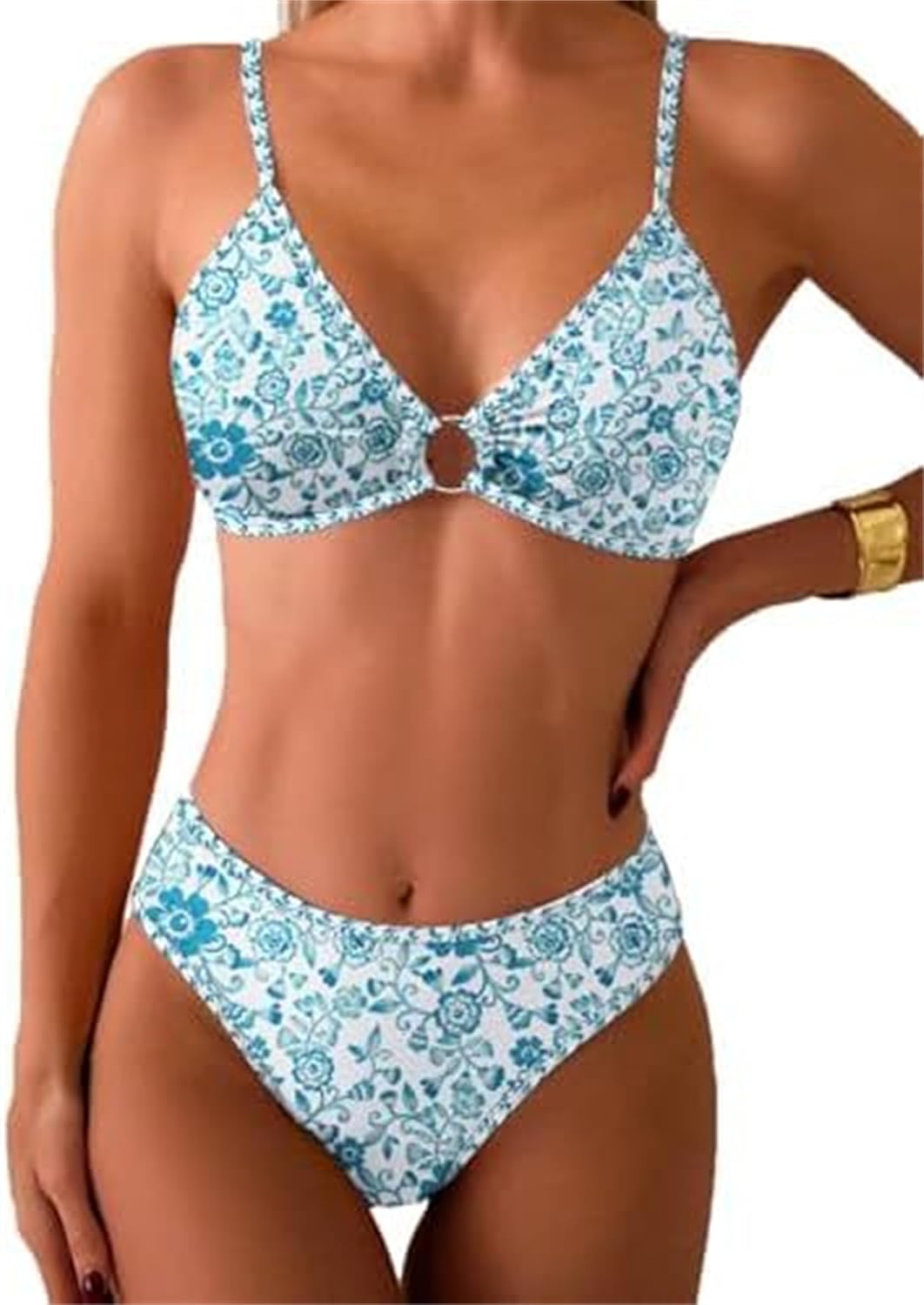 Women's Blue Paisley Print Bikini Set, Triangle Top with Ring Detail, High Cut Bottom Sexy Swimwear PQ2584