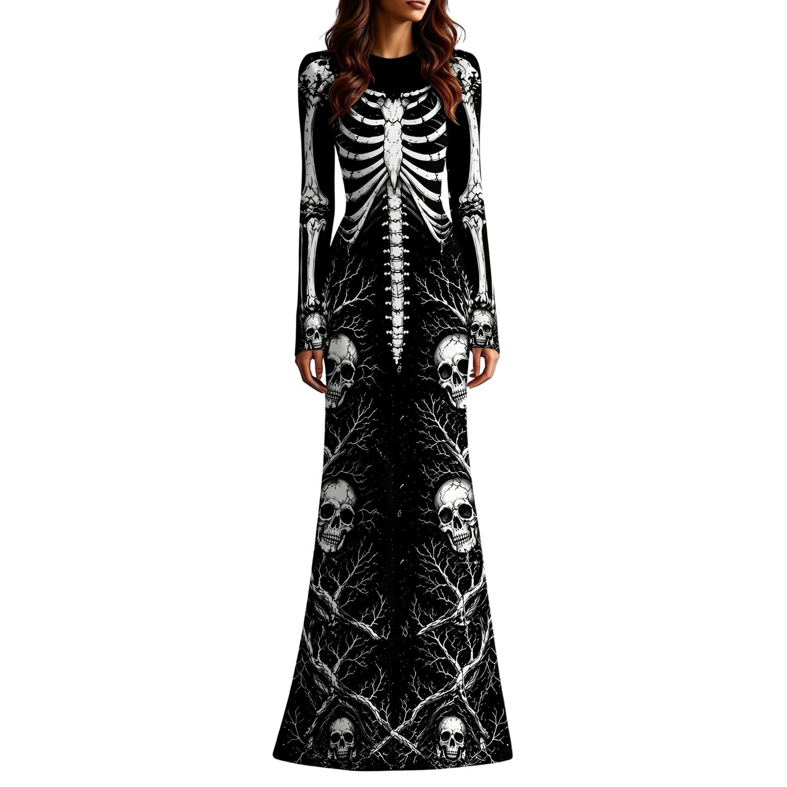 Women's Skeleton Print Mermaid Maxi Dress Long Sleeve Halloween Dresses for Women 3D Digital Print Floral Gothic Fancy Dress Costume