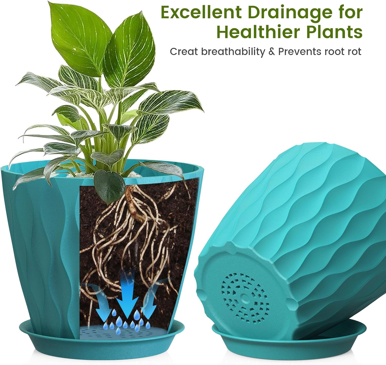 UOUZ 8 Inch Plant Pots, 4 Pack Plastic Planters for Indoor Outdoor with Drainage Holes & Saucers, Waffle Texture Flower Pots for Indoor Plants, Indoor Plant Pots for Monstera, Fiddle Leaf Fig Blue