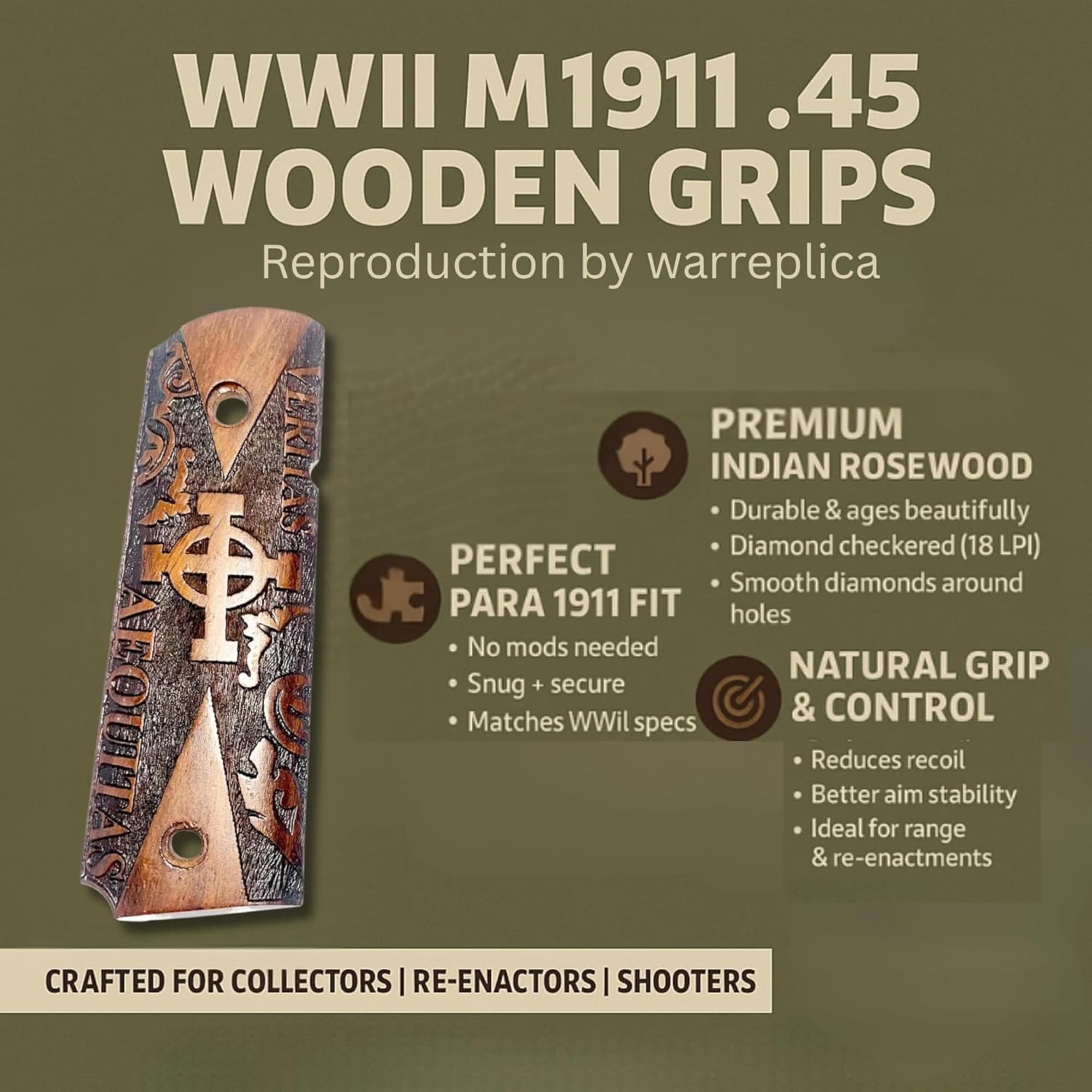 WWII US M1911/1911 .45 Holzgriffe – Reproduktion (Veritas Aequitas Kreiskreuz)