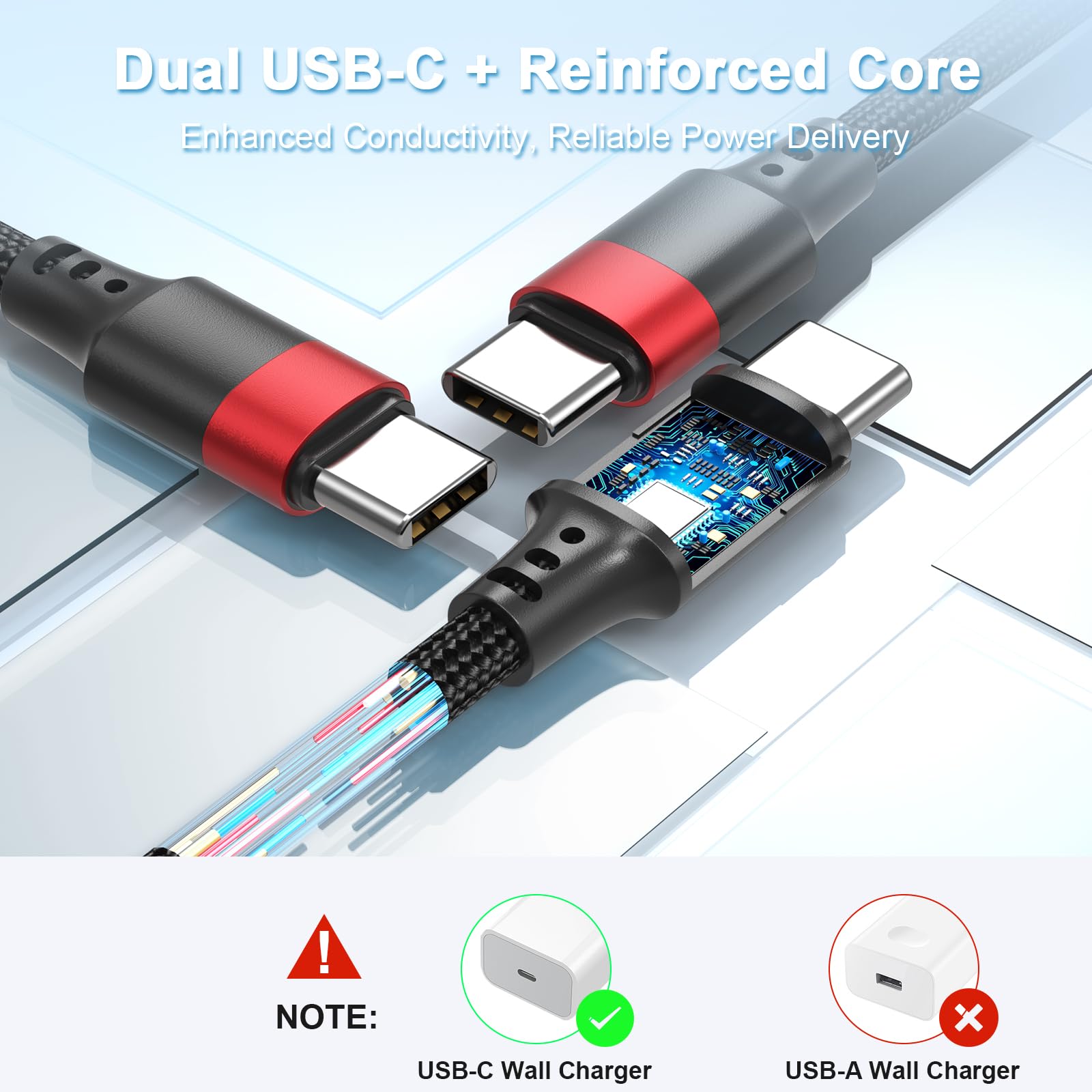 Vienceen Cavo USB C da 0,6 m, cavo USB C intrecciato da 6 m, confezione da 3 pezzi, cavo di ricarica rapida da tipo C a C per iPhone 17 Air/16 Pro/15 Plus, Galaxy S24/Z Flip 6, Pixel 8