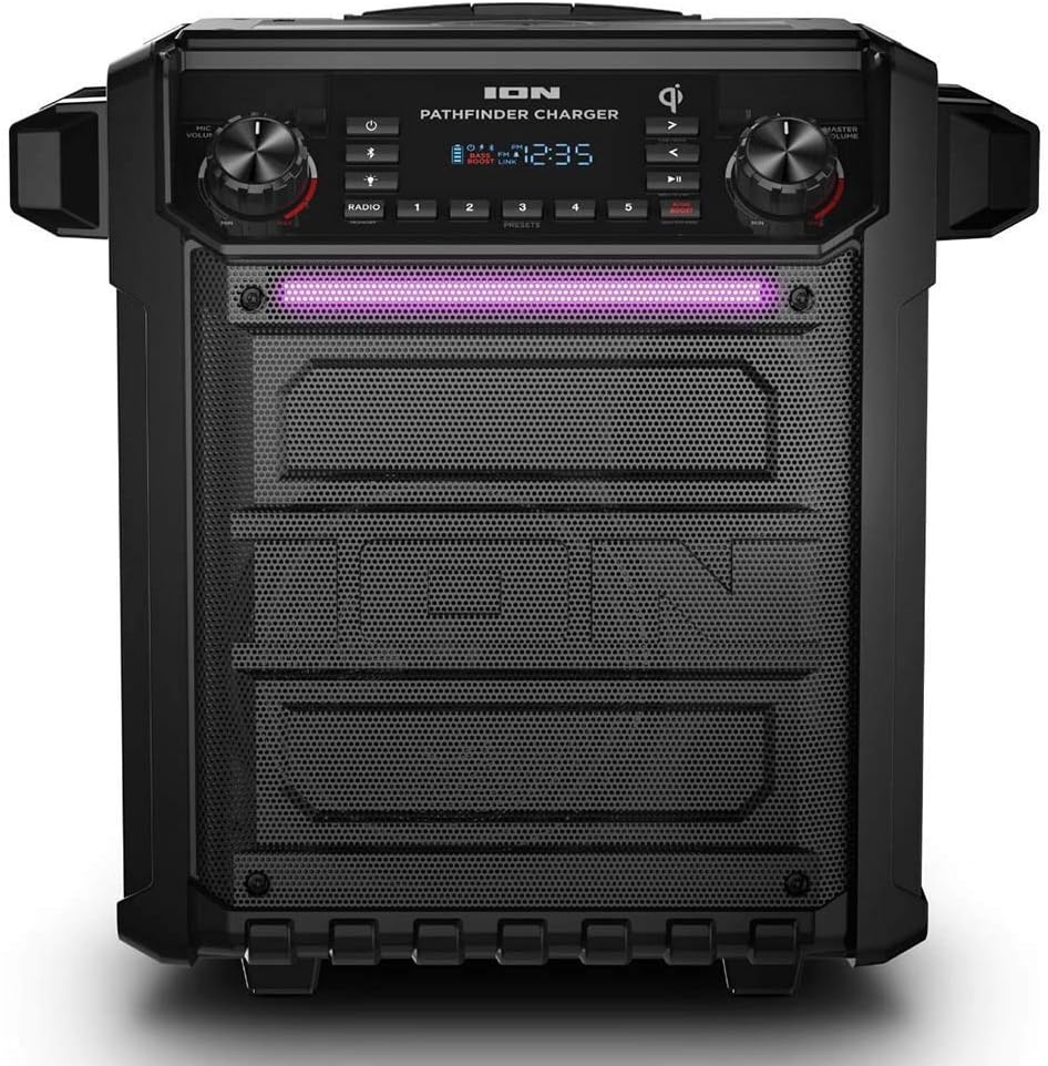 ION Pathfinder, Bluetooth Portable Speaker with Wireless Qi Charging Black Microphone (Renewed)