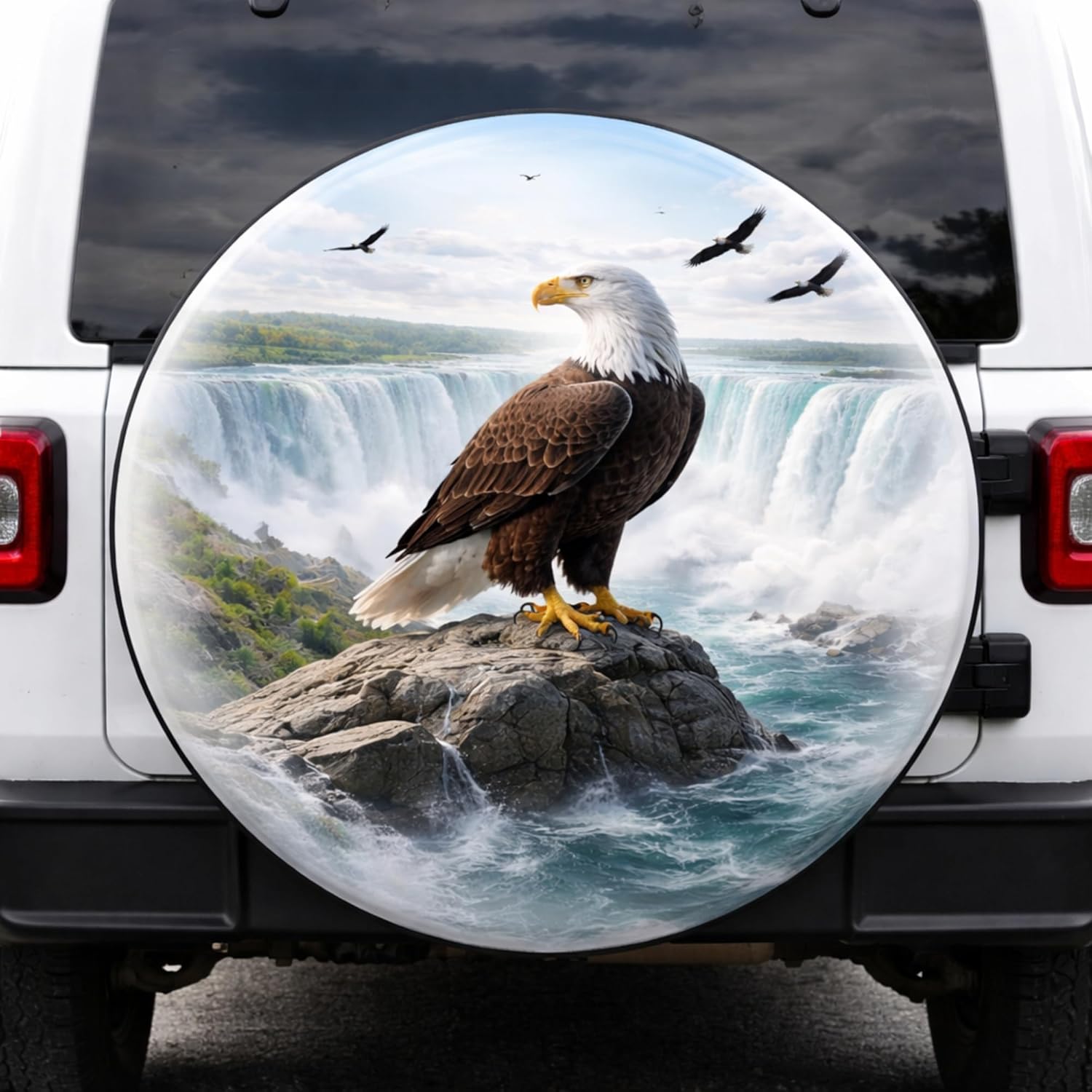 ThangPham Shop Bald Eagle and Mountain Spare Tire Cover with/Without Backup Camera Hole – Patriotic Wildlife Wheel Cover, America Forest Landscape Truck