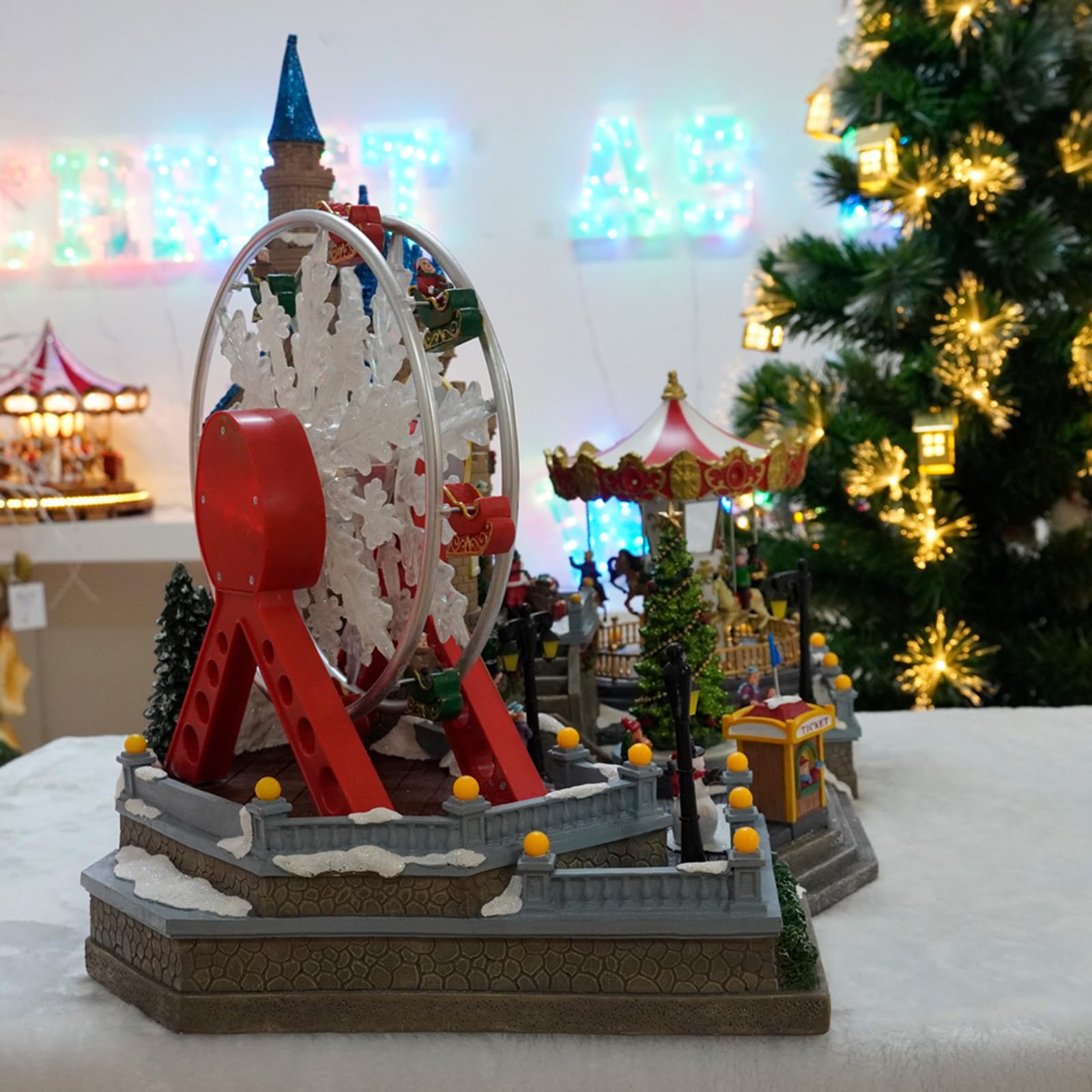 Figuras De Pueblo Navideño, Decoración De Casa De Pueblo Navideña con Luces LED, con Noria Giratoria Y Árbol, para Adornos De Mesa para El Hogar, Decoración Navideña