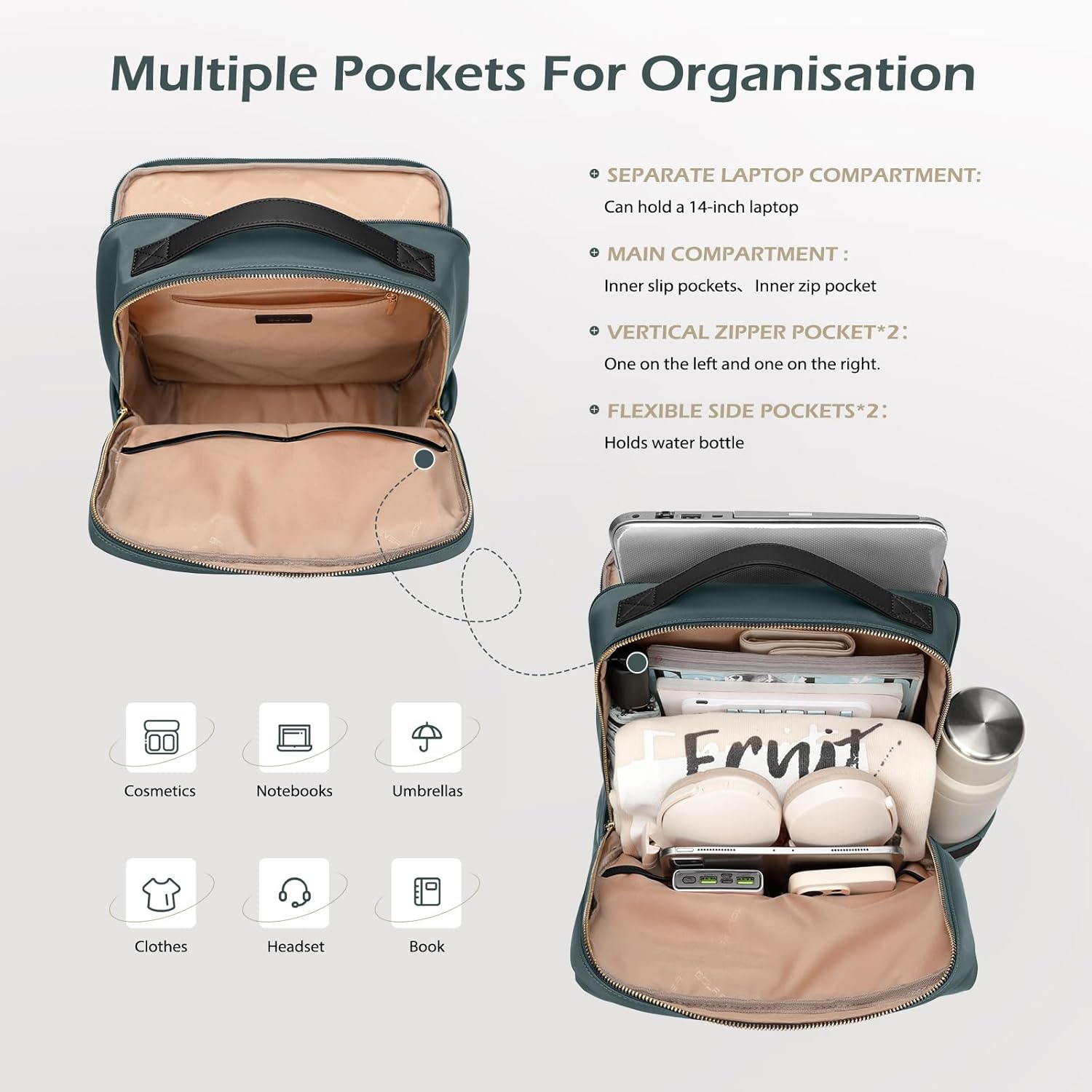 GOLF SUPAGS Stylish Laptop Backpack for Women Airline Approved Perfect for Work College and Travel Multi-Functional Casual Daypack Fits 14 Inch Notebook (Atrovirens)