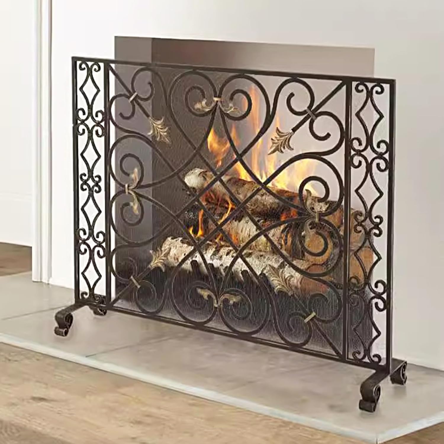 Single Panel Fire Screen, 98x80cm Black Metal Fireplace Guard with Support Feet, Spark Flame Protector for Indoor Living Room Decor, Fire Safety Accessory