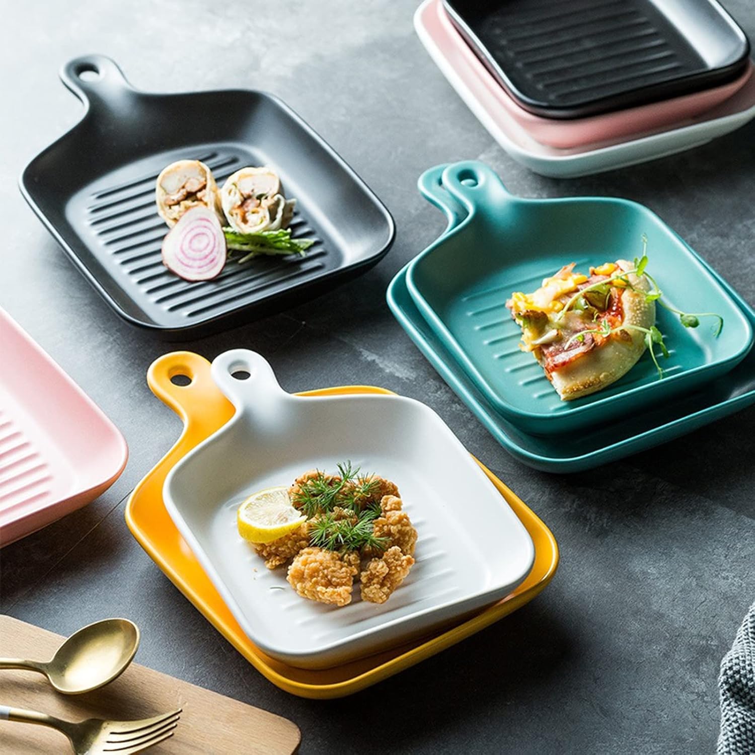 Baking Dish 2 pcs Ceramic Baking Tray Square Cheese Baked Rice Plate Baking Dish with Handle Microwave Western Food Steak Tray Oven Hangable Bakeware (Color : White) (Green)