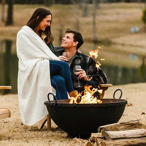 Miniatura 3 de Ash & Ember - Hoguera hemisferio de 32 pulgadas con pantalla y póster, cuenco de fuego de pintura negra de alta temperatura de hierro fundido,