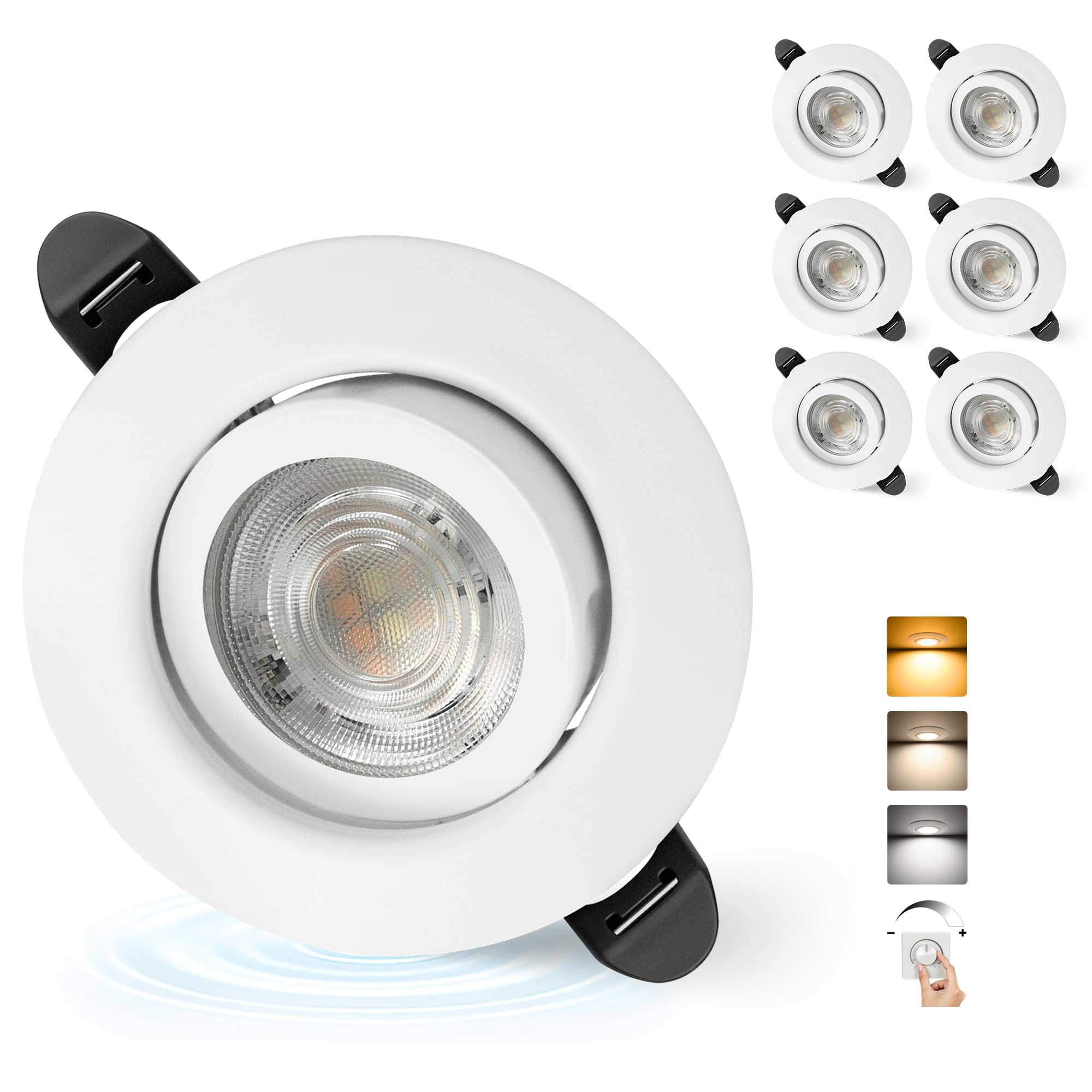 LED Einbaustrahler 230V Dimmbar 68mm 5.5W IP44 LED Spots Ultra Flach Deckenspots 45° Schwenkbar Einbauleuchten 3000K/4000K/6000K Spots Deckenleuchte für Bad Wohnzimmer Küche, Weiß 6er Set
