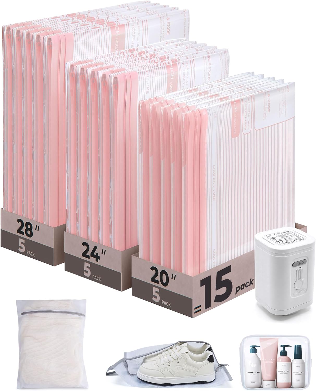 BAGSMART Vacuum Bags for Travel with Rechargeable Air Pump, Portable Space Saver Bags for Travel & Home, Vacuum Compression Seal Bag for Clothing, 18 Pack Pink with Shoe, Laundry & Toiletry Bags