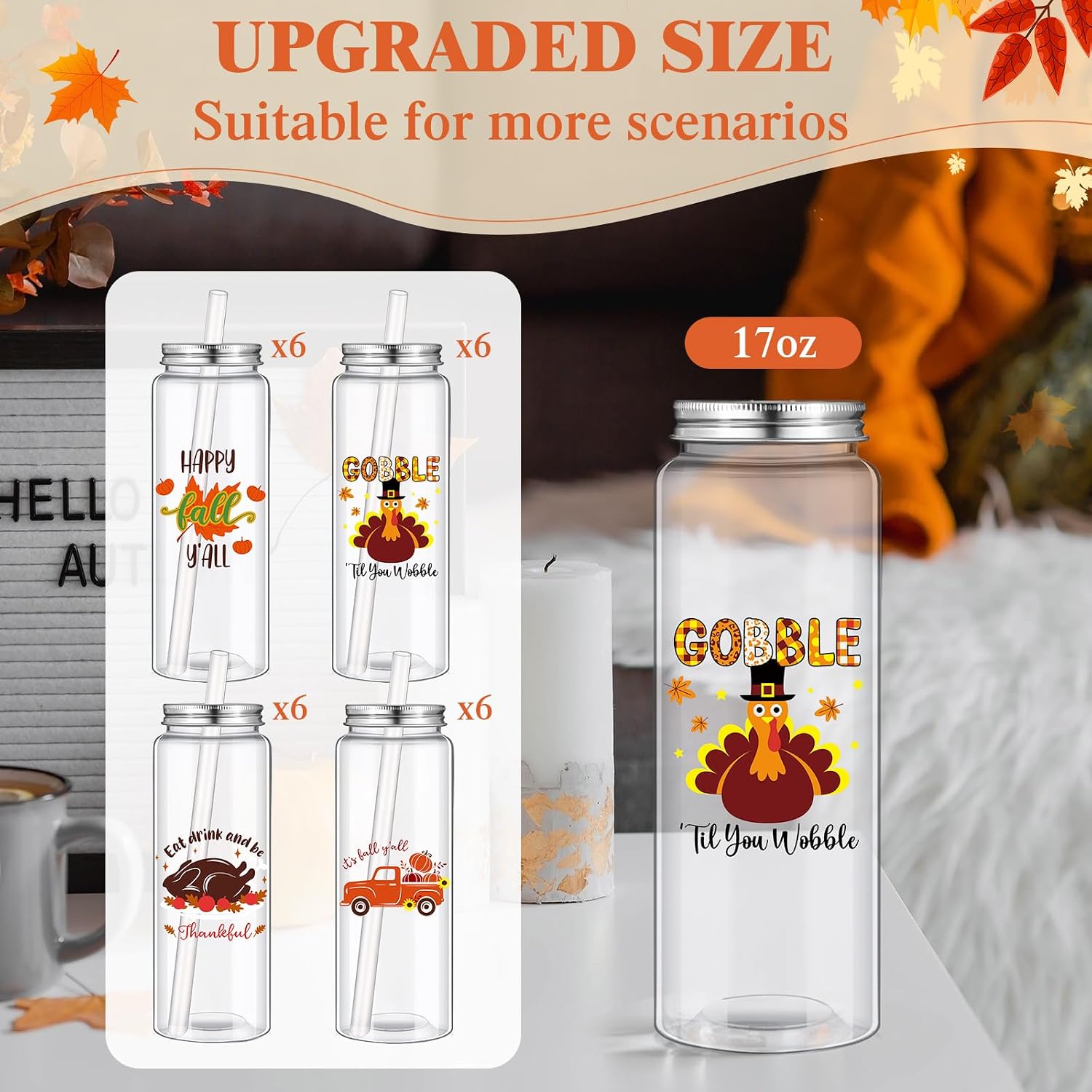 Skylety 24 Pcs Thanksgiving Fall Plastic Tumblers Reusable 17 oz Large Plastic Bottles with Lids and Straws Cute Pumpkin Turkey Autumn Party Clear Thanksgiving Drinking Cups for Coffee Juice
