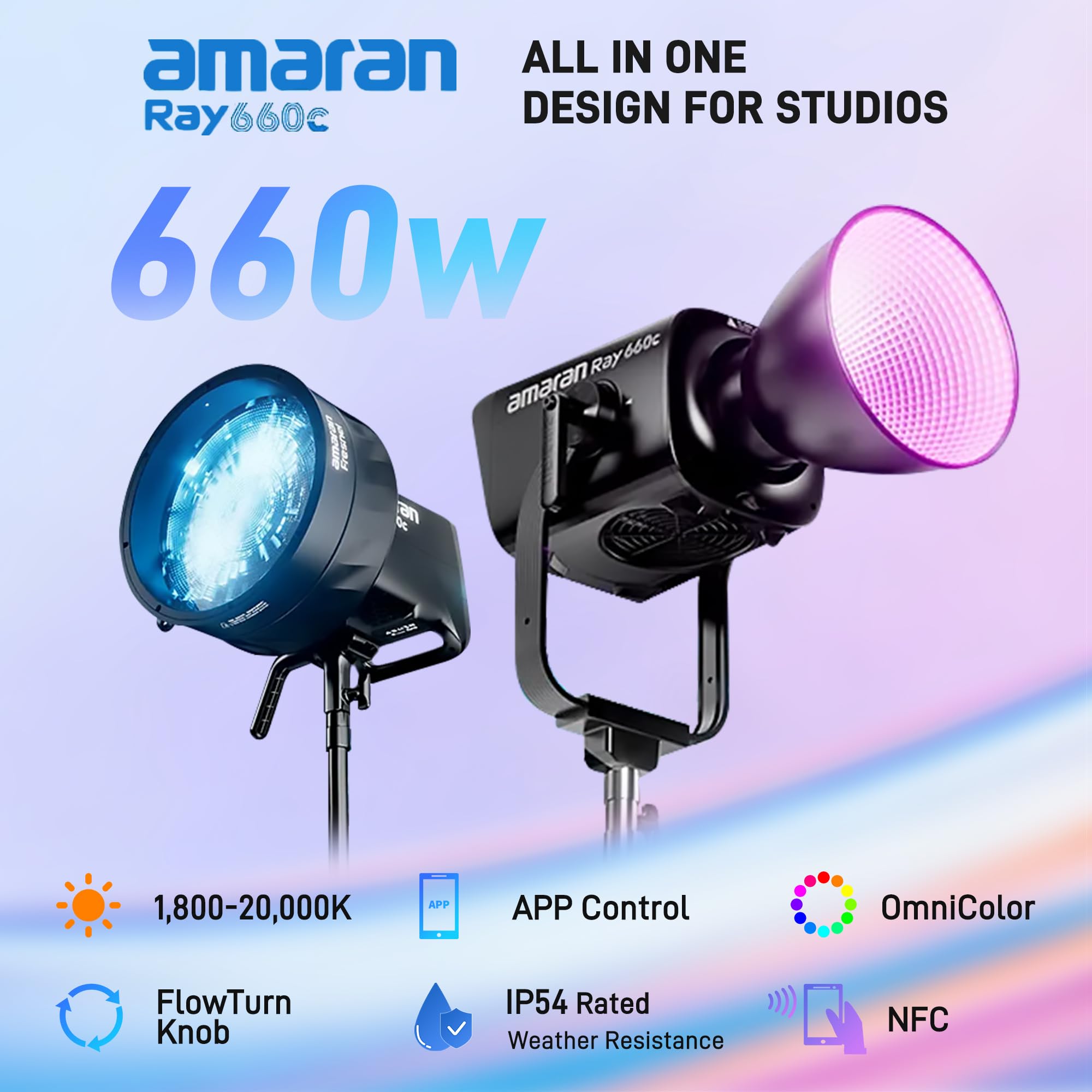 Amaran Ray 660c Luz de vídeo LED COB en Color Completo Montura Bowens Resistencia a Intemperie IP54 Control vía aplicación NFC DMX vía USB-C CRI 95 TLCI 95 (660, Watts)