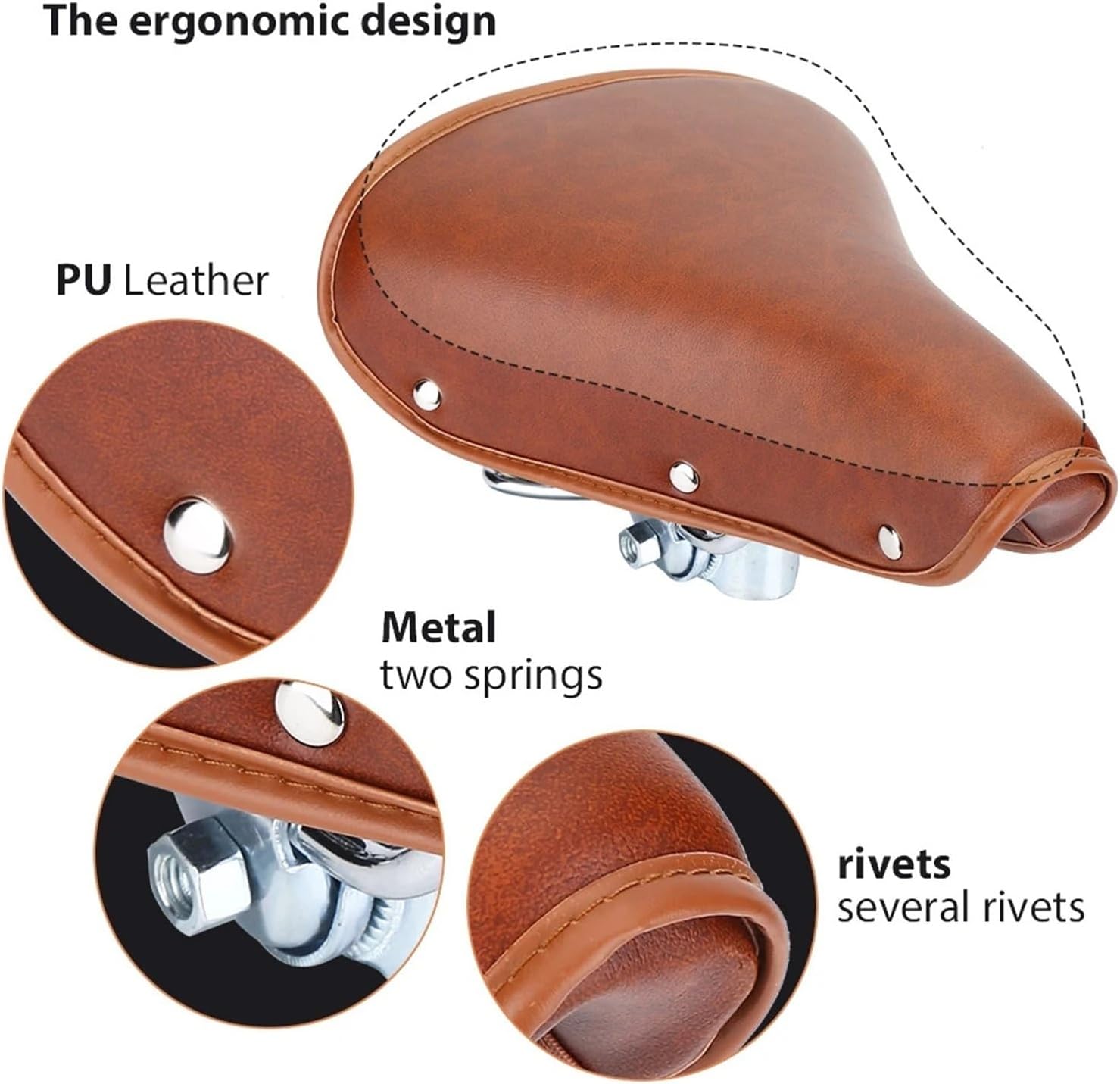 Vintage Bicycle Saddle PU Leather Spring Shock Resistance Comfortable Brown Rivets Bike Seat Suitable for Most Kinds of Bikes