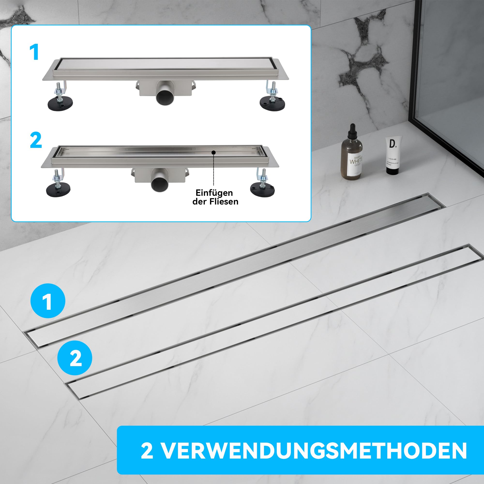 Warmfay Duschrinne 60 cm, Befliesbare Edelstahl Extra Flach Duschablauf, Bodenablauf Dusche Komplettset inkl. Haarsieb Siphon Geruchsstop - Randablauf