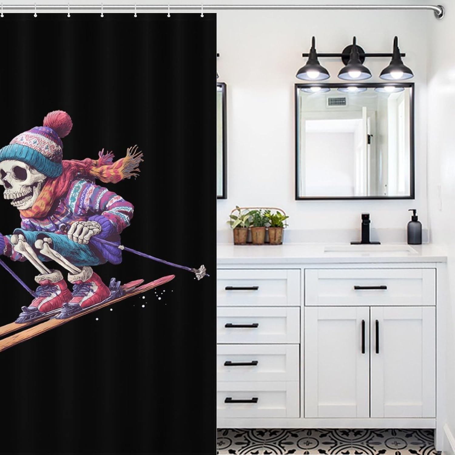 Skiing Skull Winter Sports Shower Curtain 46.85x70.87Inch（119x180cm） Polyester Bath Curtain Shower Curtains Printed Decorative