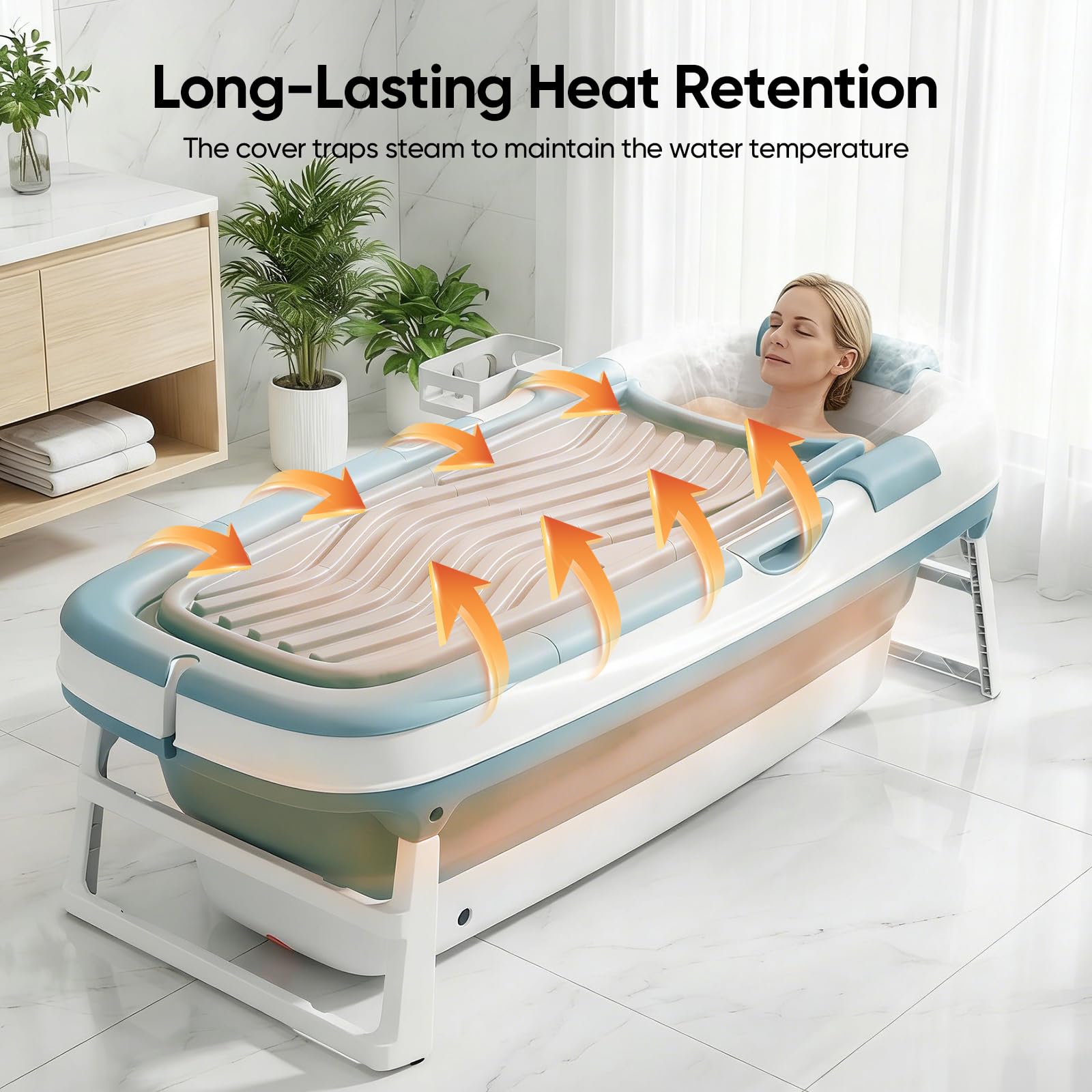 Faltbare Badewanne Erwachsene,157 x 58 x50 cm mit Isolierabdeckung neigbarer Rückenlehne erhöhtem Sitz U-förmiger Kopfstütze und Fußmassagerollen zwei Abflussöffnungen geeignet Duschen Balkone