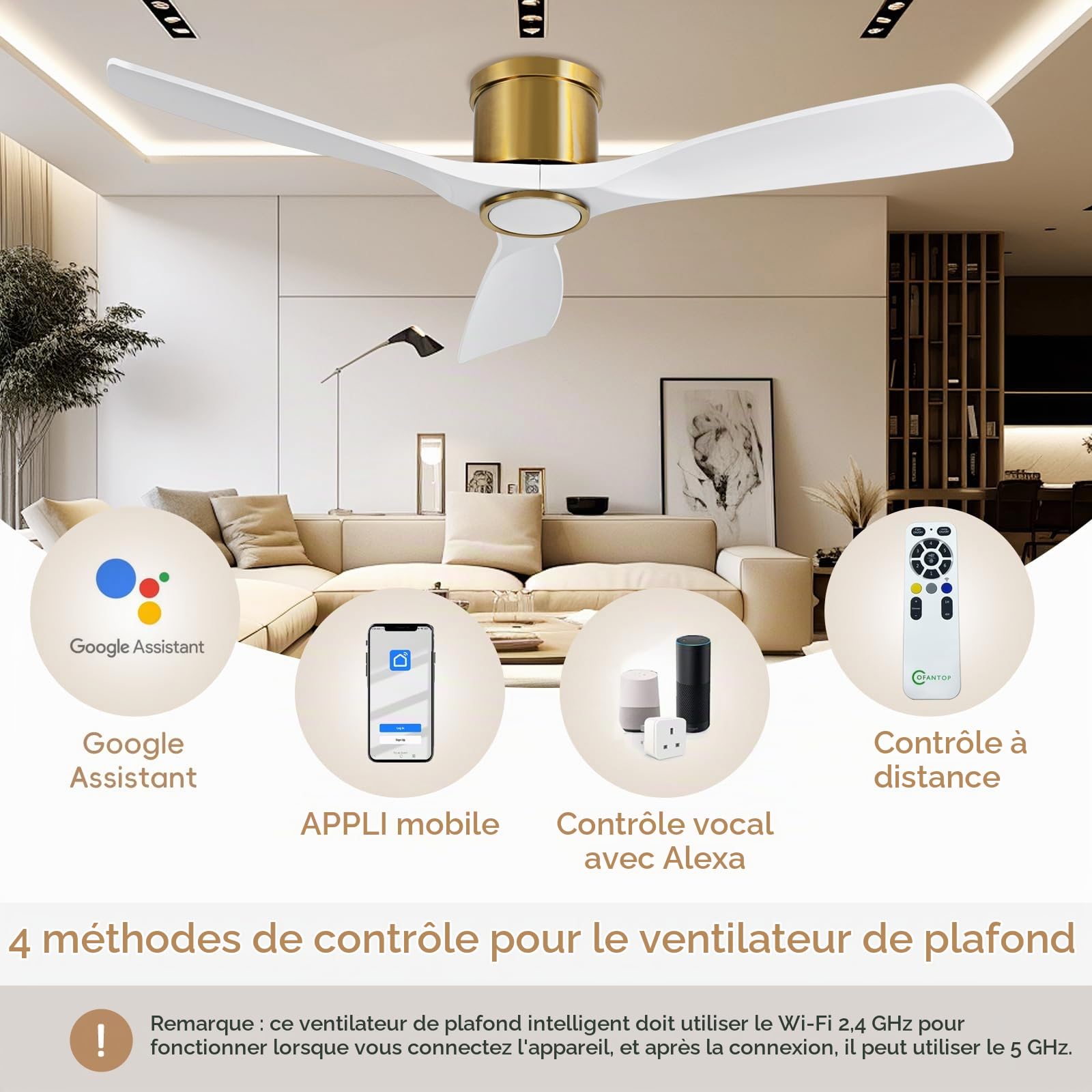OFANTOP 132CM Smart ventilateurs de plafond modernes à profil bas