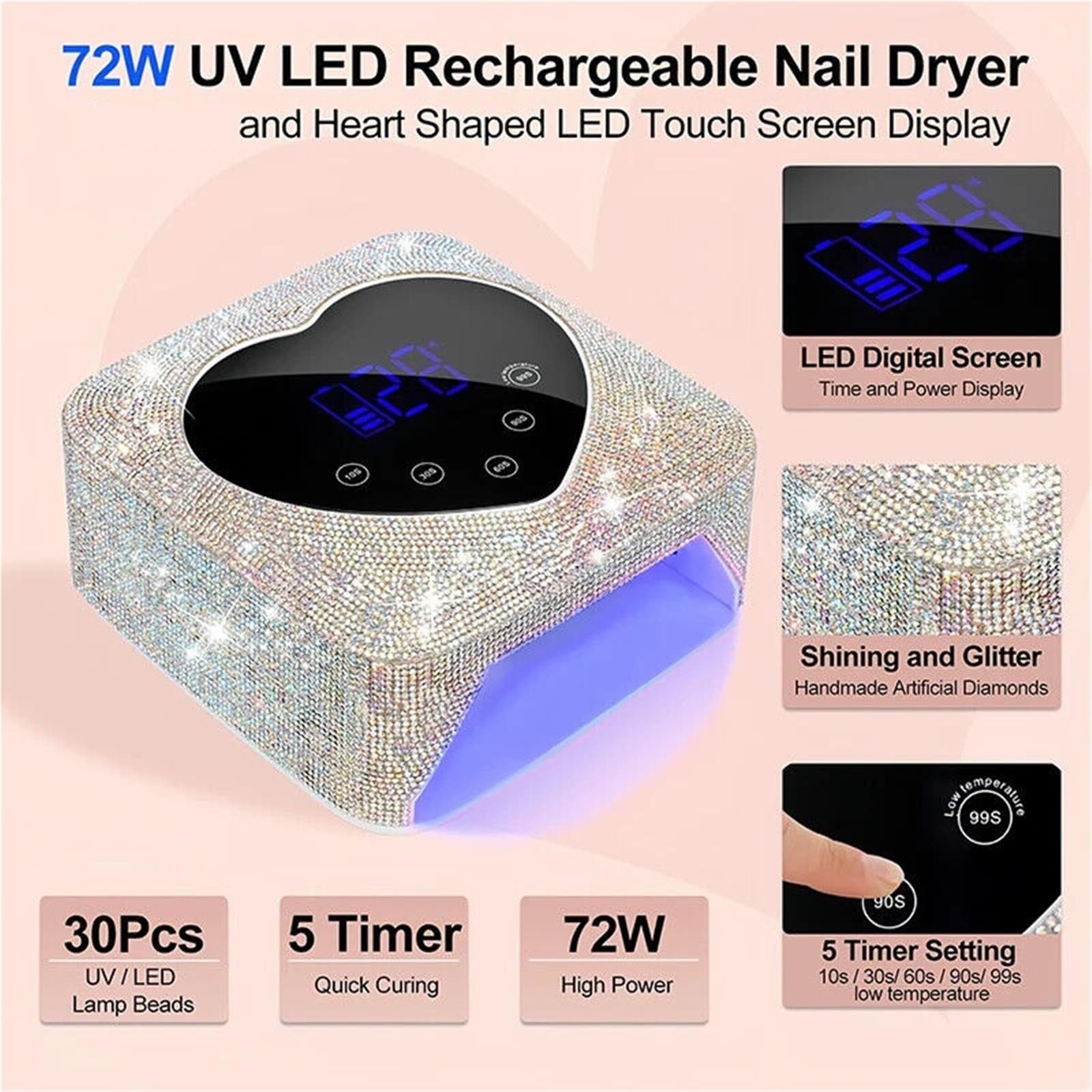 Lampa LED do paznokci, 30-diodowa akumulatorowa lampa UV do paznokci LED 72W, światło, serce z kryształkami i diamentowym żelem, suszarka, narzędzie manicure