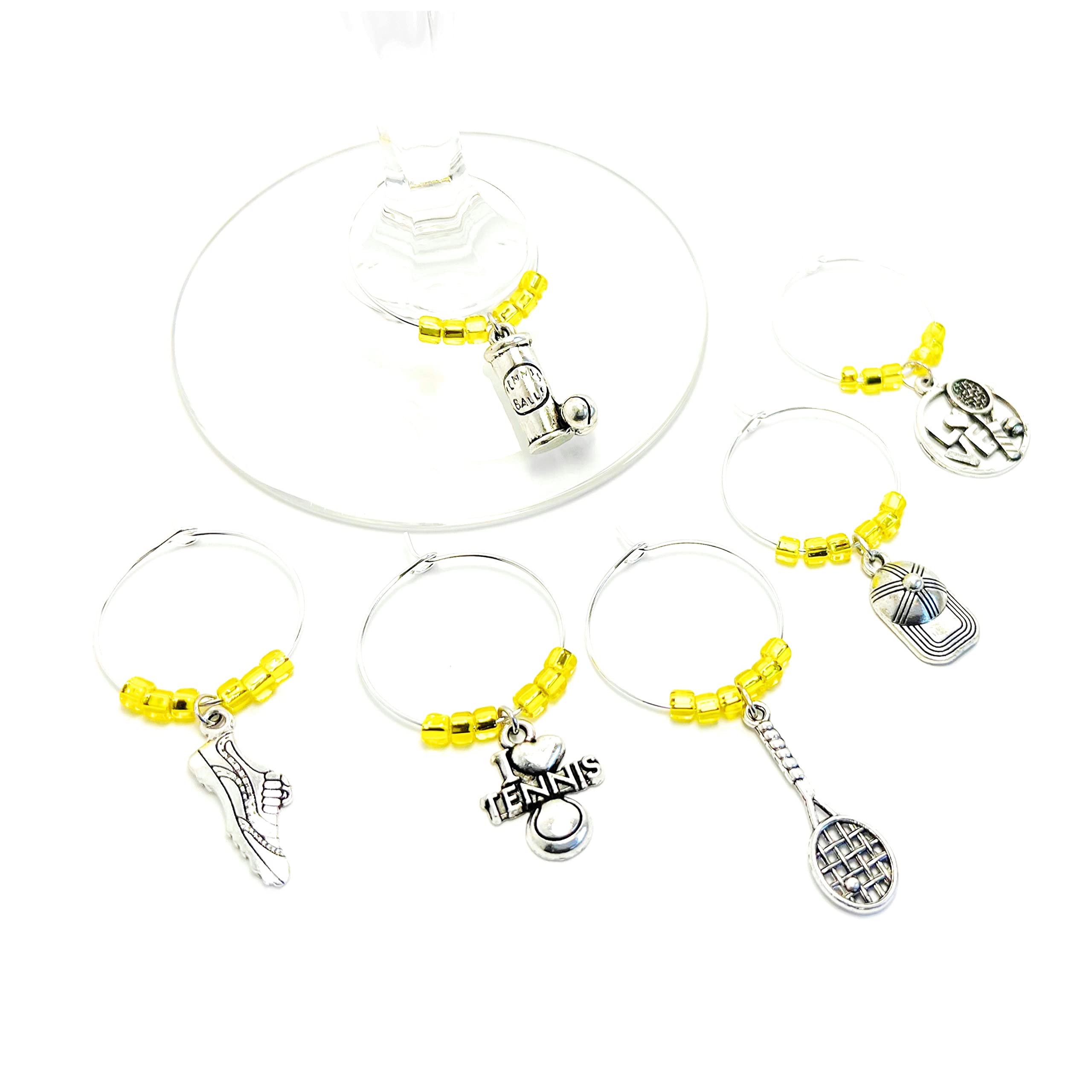 Tennis Wine Charms - Set of 6 Silver Wine Glass Charms - Wine Gift for Wine Lovers, Fun Tennis Gifts for Women