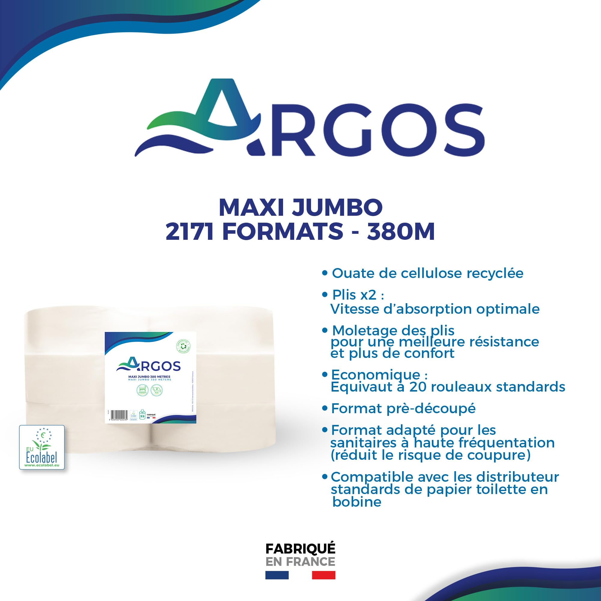 ARGOS - Papier toilette - Maxi jumbo - Cellulose recyclée - Absorption optimale - Ecolabel - 380M - Fabrication française - 6 Rouleaux