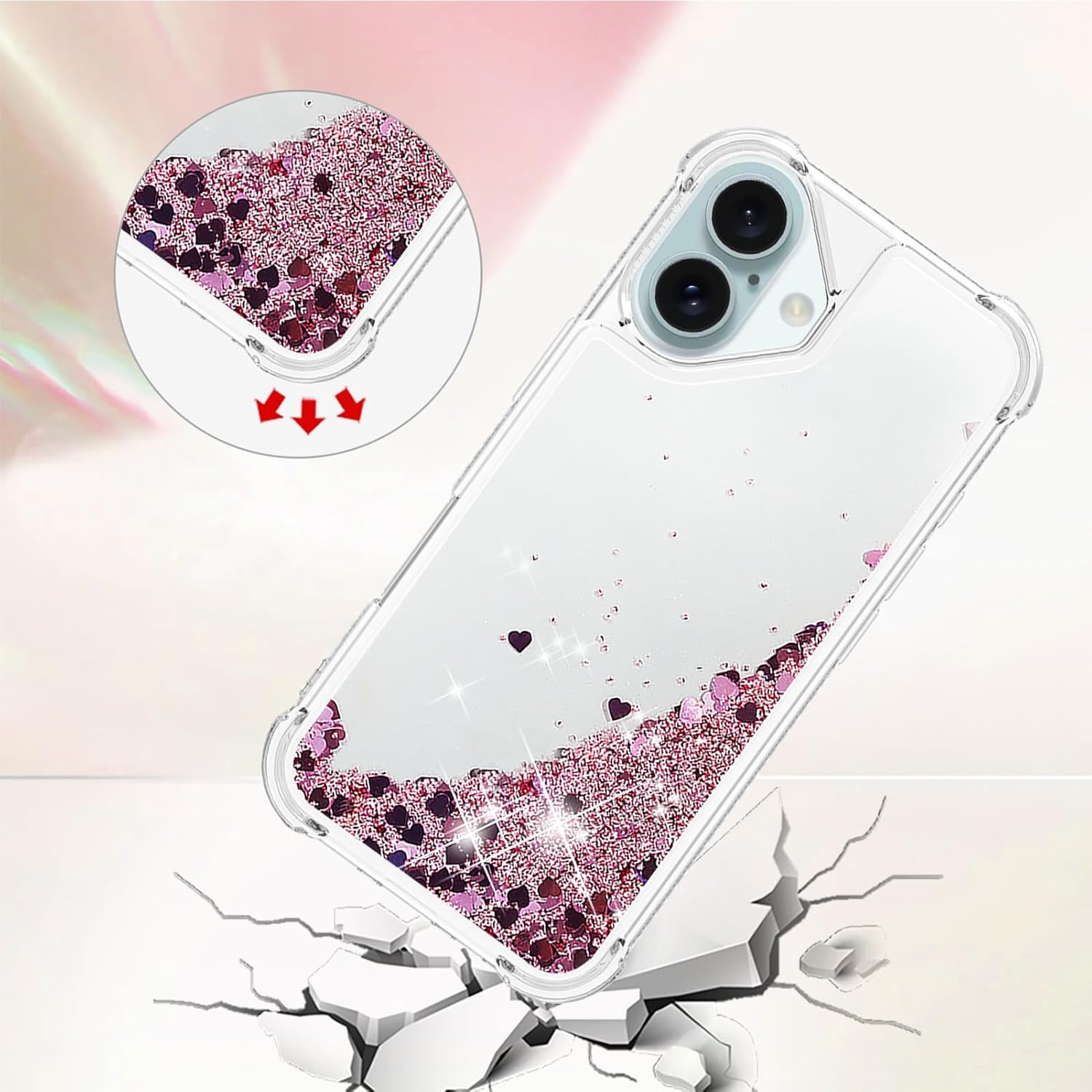 Case for iPhone 16 Plus Case Glitter Bling Liquid Cute Clear Phone Case,Floating Quicksand Shockproof Protective Bumper Soft TPU Cover for iPhone 16 Plus 6.7 inch Love Rose YB - Image 4