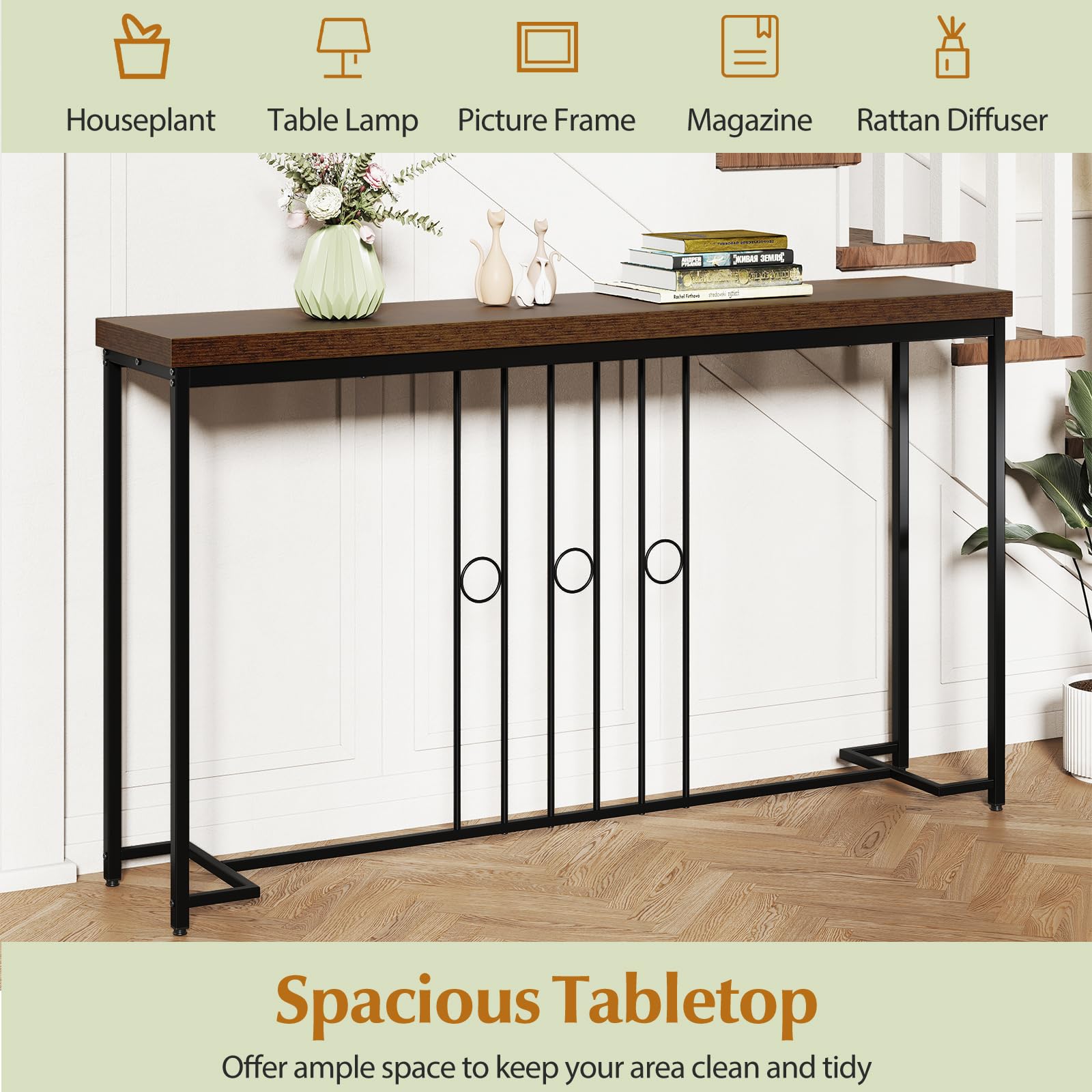 LIFEZEAL Consolle Ingresso, 140x30x81cm, Tavolo Consolle, Industriale, Lungo, Salvasapzio, in Legno e Metallo, con Decorazioni a Linee e Anelli, Console Dietro Divano, Entrata, Corridoio, Marrone