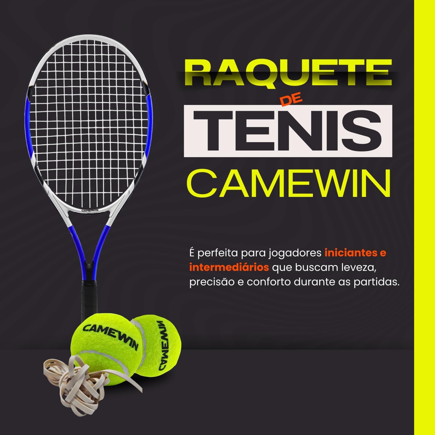 Kit Raquete de Tênis Amarelo 26 Polegadas Camewin Fibra de Carbono com Estojo + 2 Bolinhas de Tênis