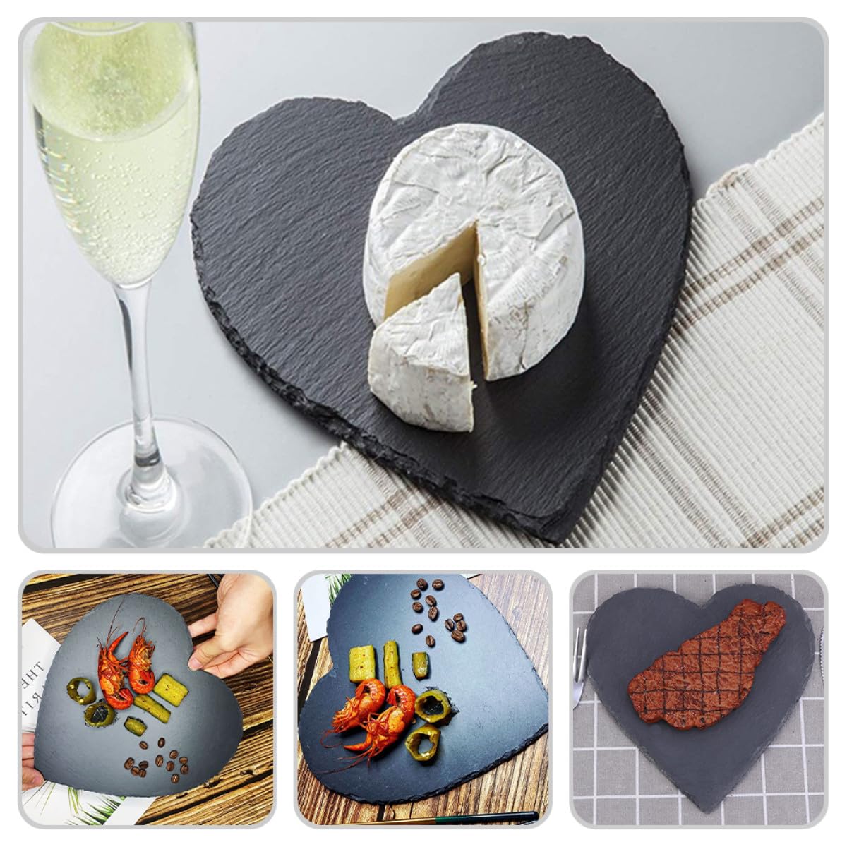 Yardwe Assiettes en Ardoise Naturelle Multi-usage Lot de 2 Forme Cœur Noir 20 Cm pour Steak ou Restaurant