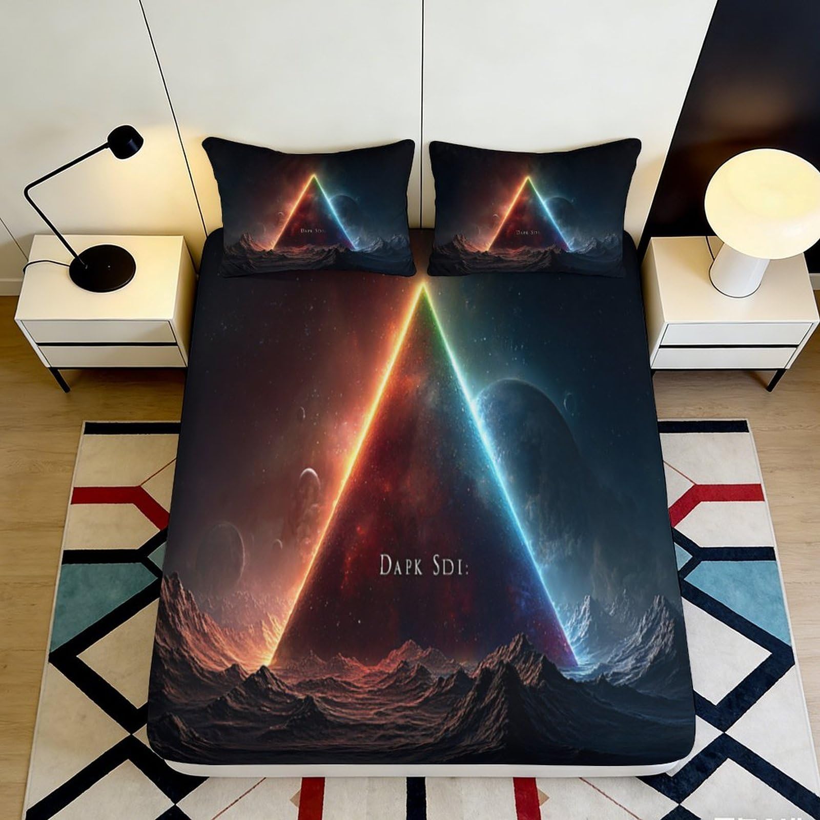 3D Printed Dark Triangle Fitted Sheet Microfiber Soft Breathable Cosmic Nebula Mattress Cover for Bedroom Dormitory Guest Room Mattress Protection 200x200x25cm
